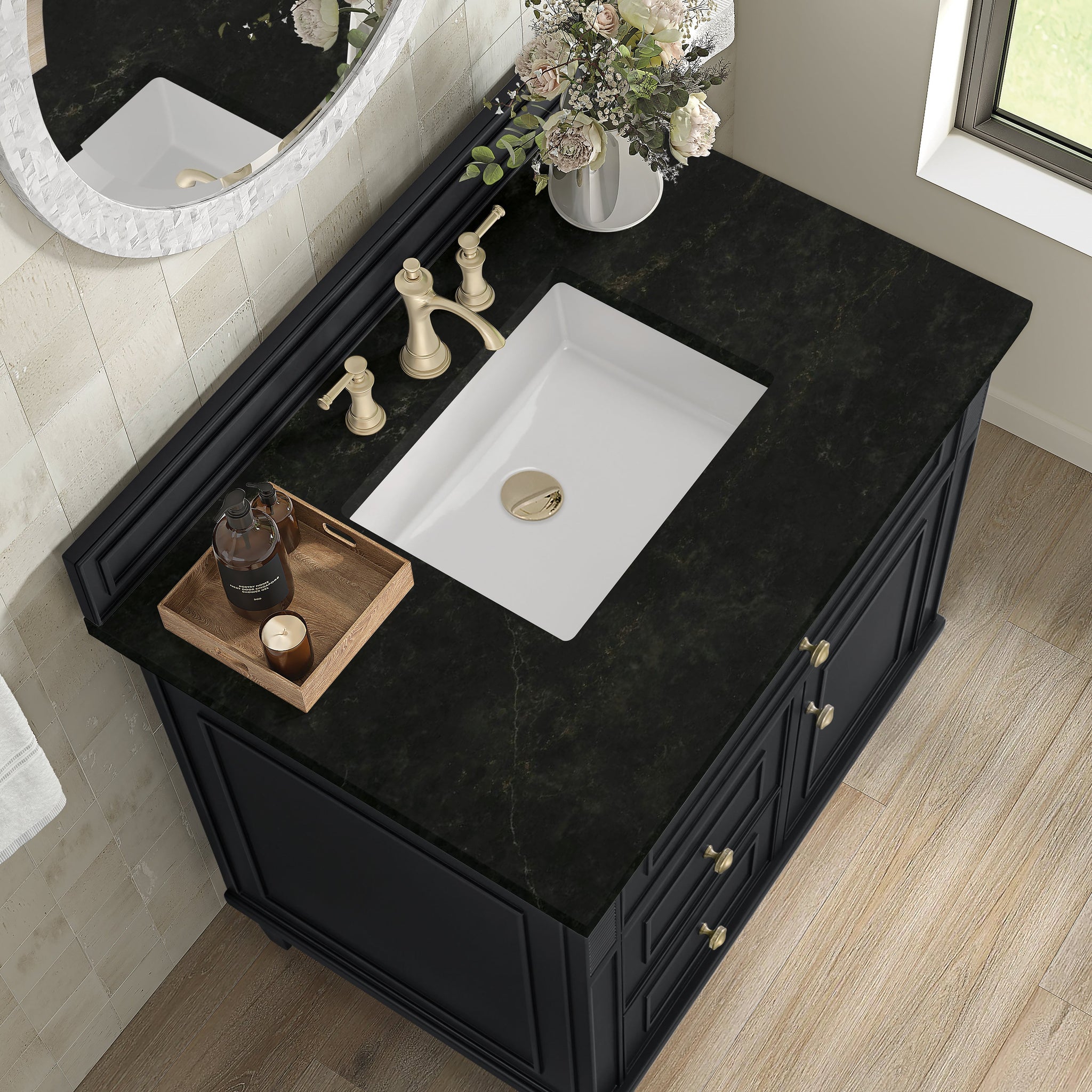 James Martin Lorelai 36" Single Bathroom Vanity, Black Onyx with Phantome countertop