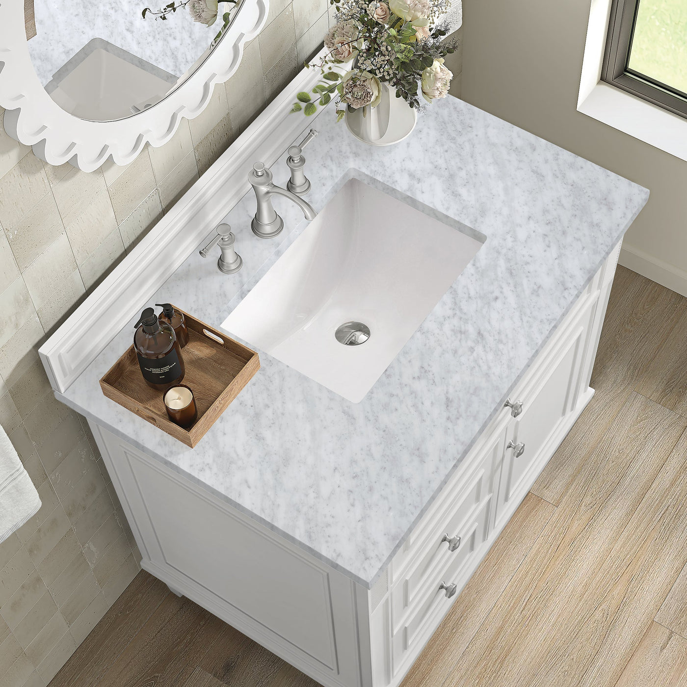 James Martin Lorelai 36" Single Bathroom Vanity, Bright White with Carrara White countertop
