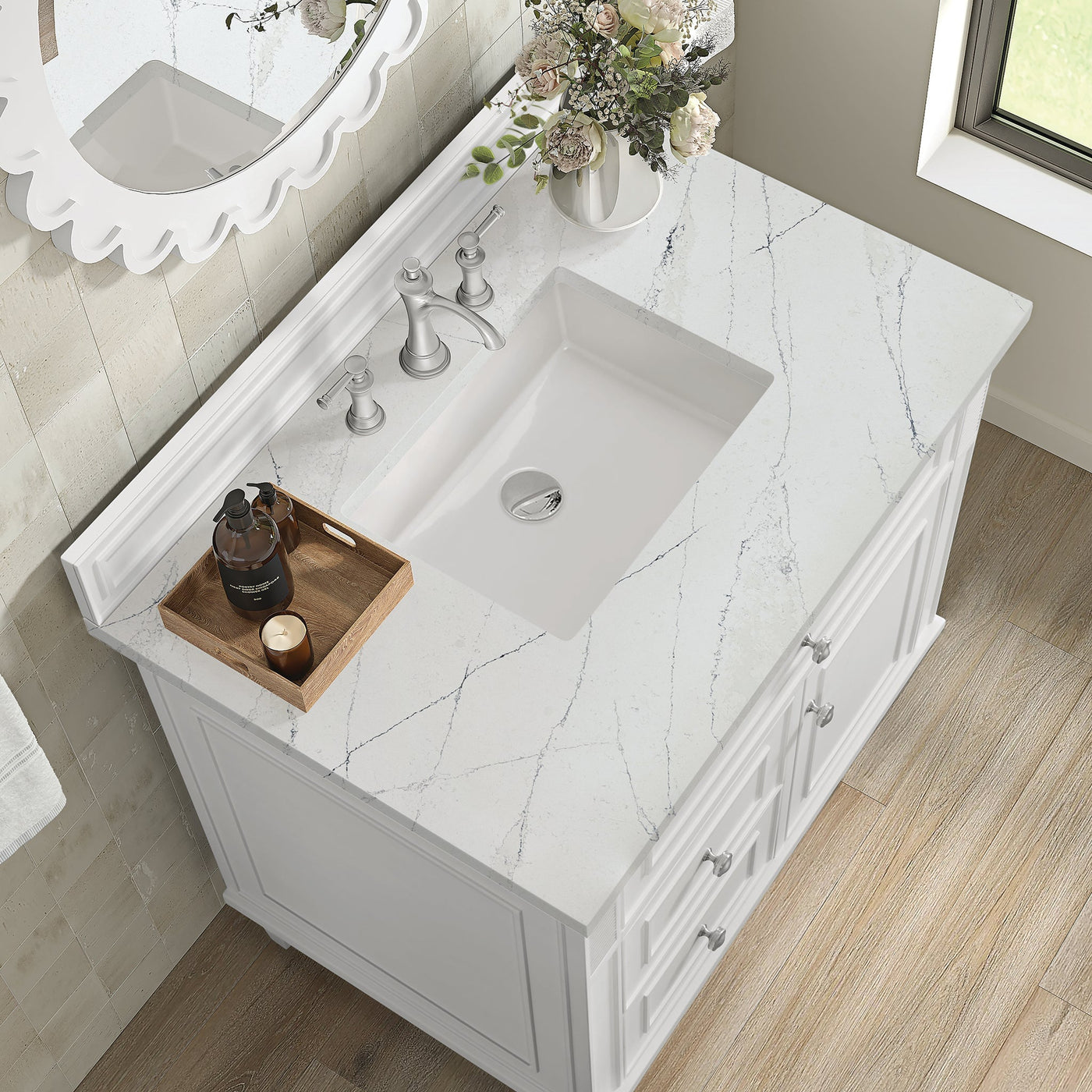 James Martin Lorelai 36" Single Bathroom Vanity, Bright White with Ethereal Noctis countertop