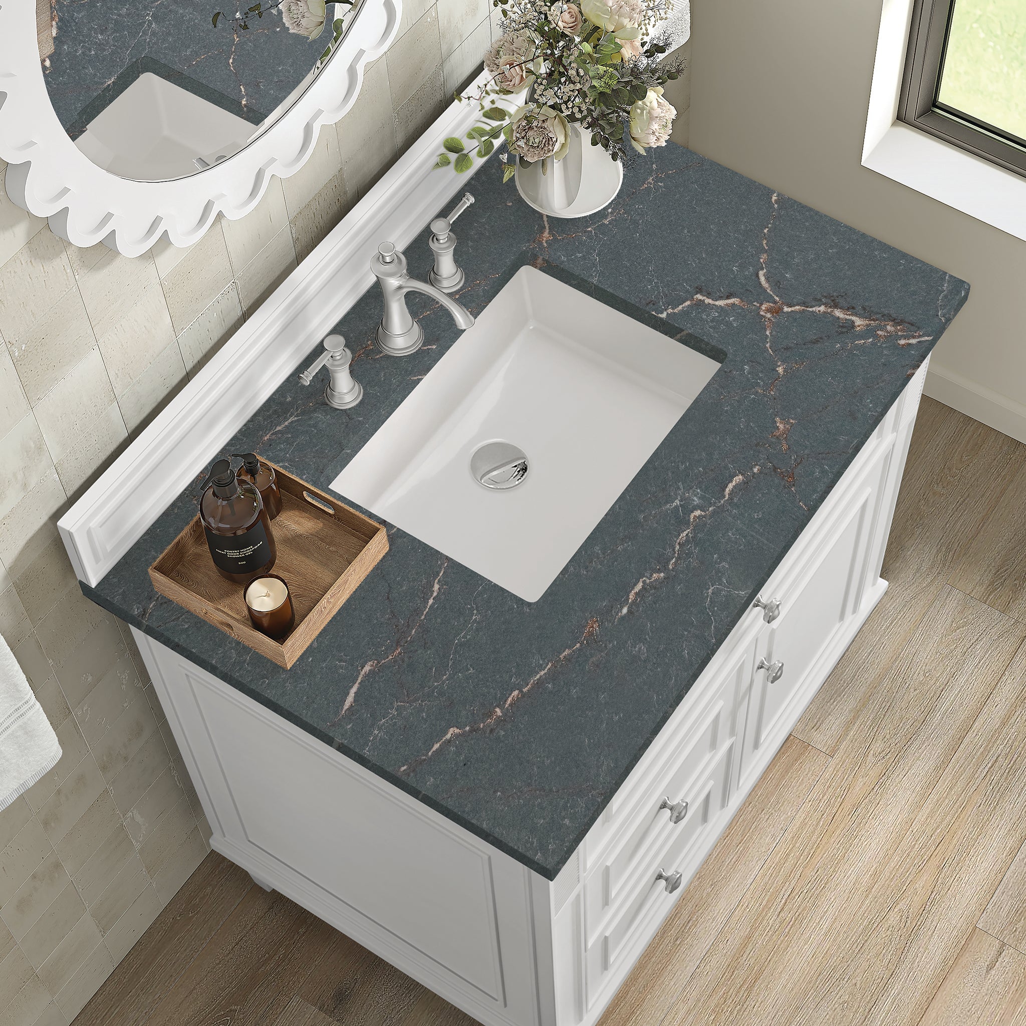 James Martin Lorelai 36" Single Bathroom Vanity, Bright White with Parisien Bleu countertop