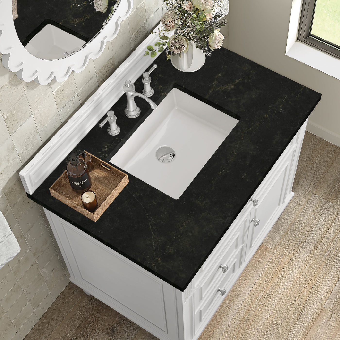 James Martin Lorelai 36" Single Bathroom Vanity, Bright White with Phantome countertop