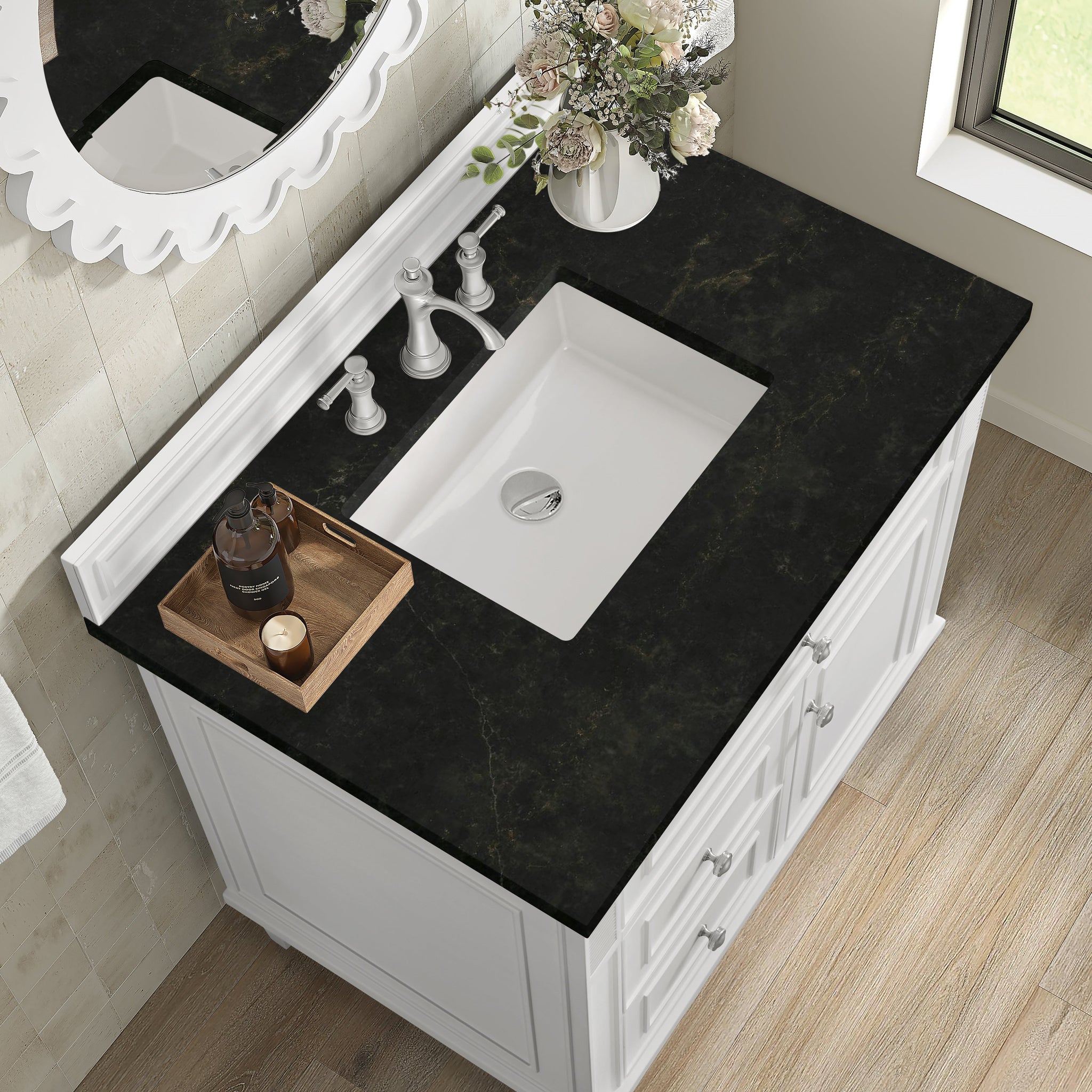 James Martin Lorelai 36" Single Bathroom Vanity, Bright White with Phantome countertop