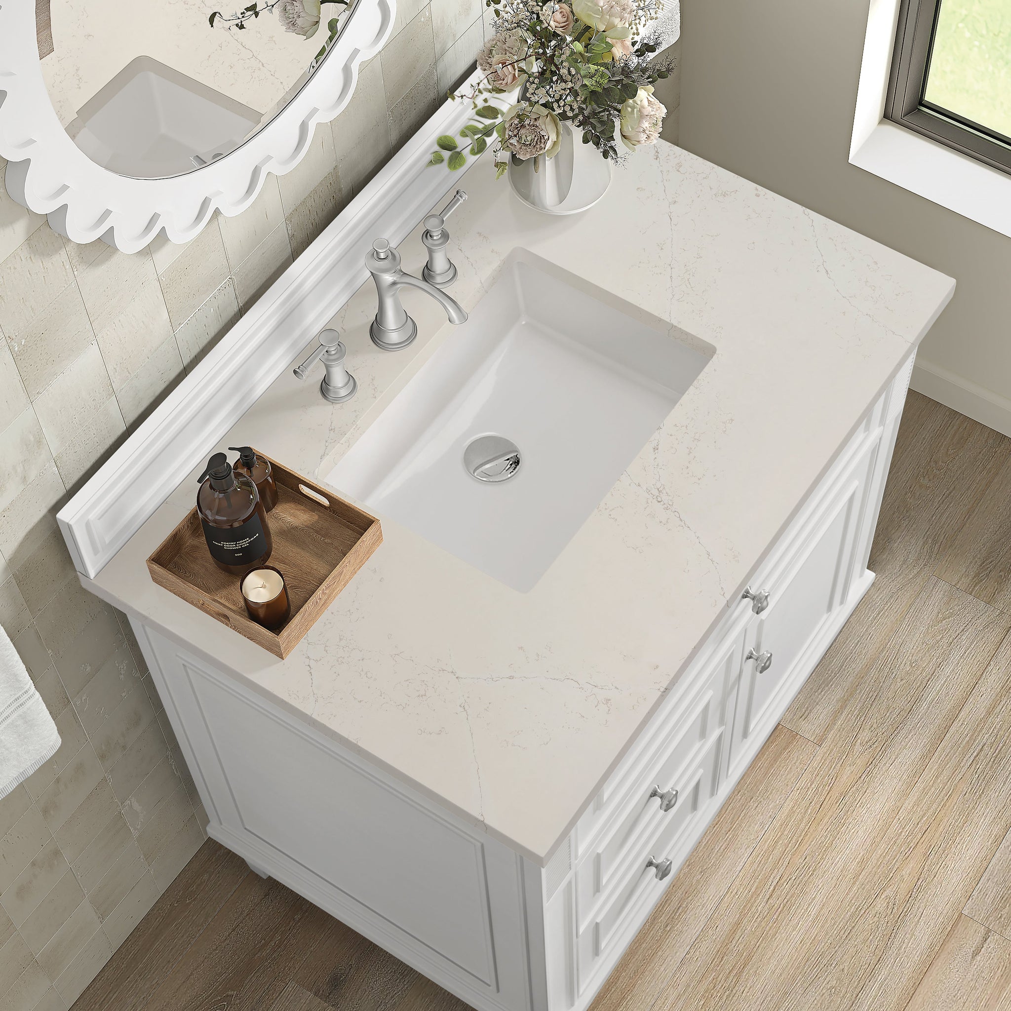 James Martin Lorelai 36" Single Bathroom Vanity, Bright White with Siberian countertop