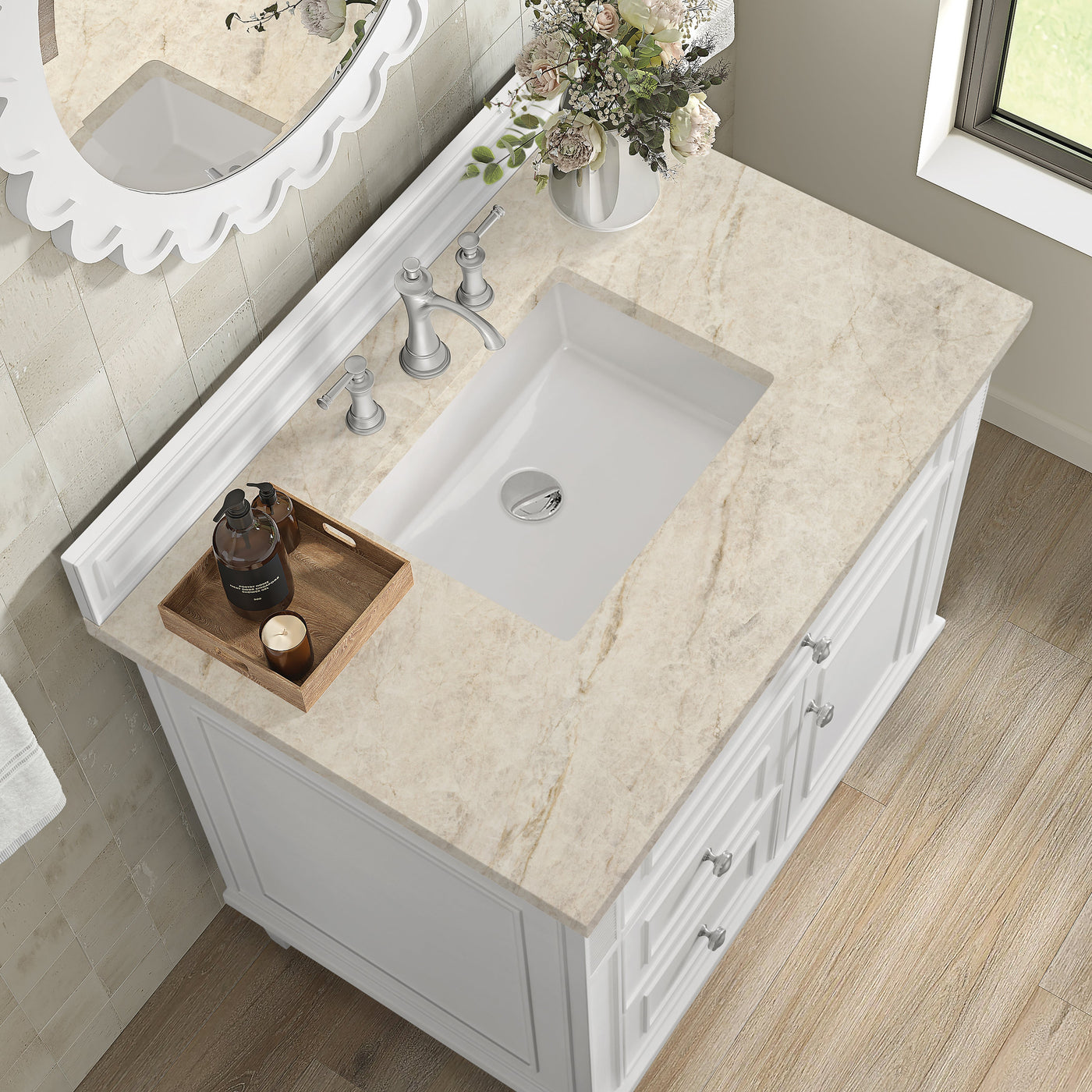 James Martin Lorelai 36" Single Bathroom Vanity, Bright White with Tajnar countertop
