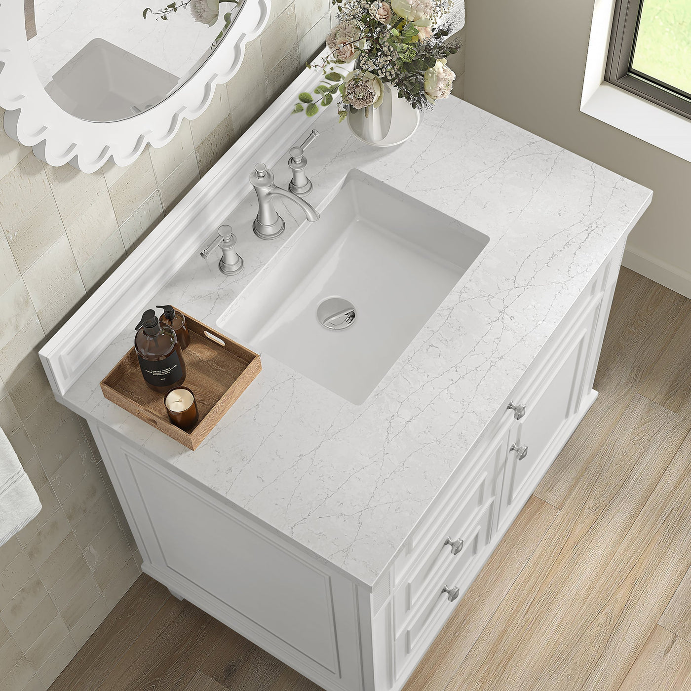 James Martin Lorelai 36" Single Bathroom Vanity, Bright White with White Zeus countertop