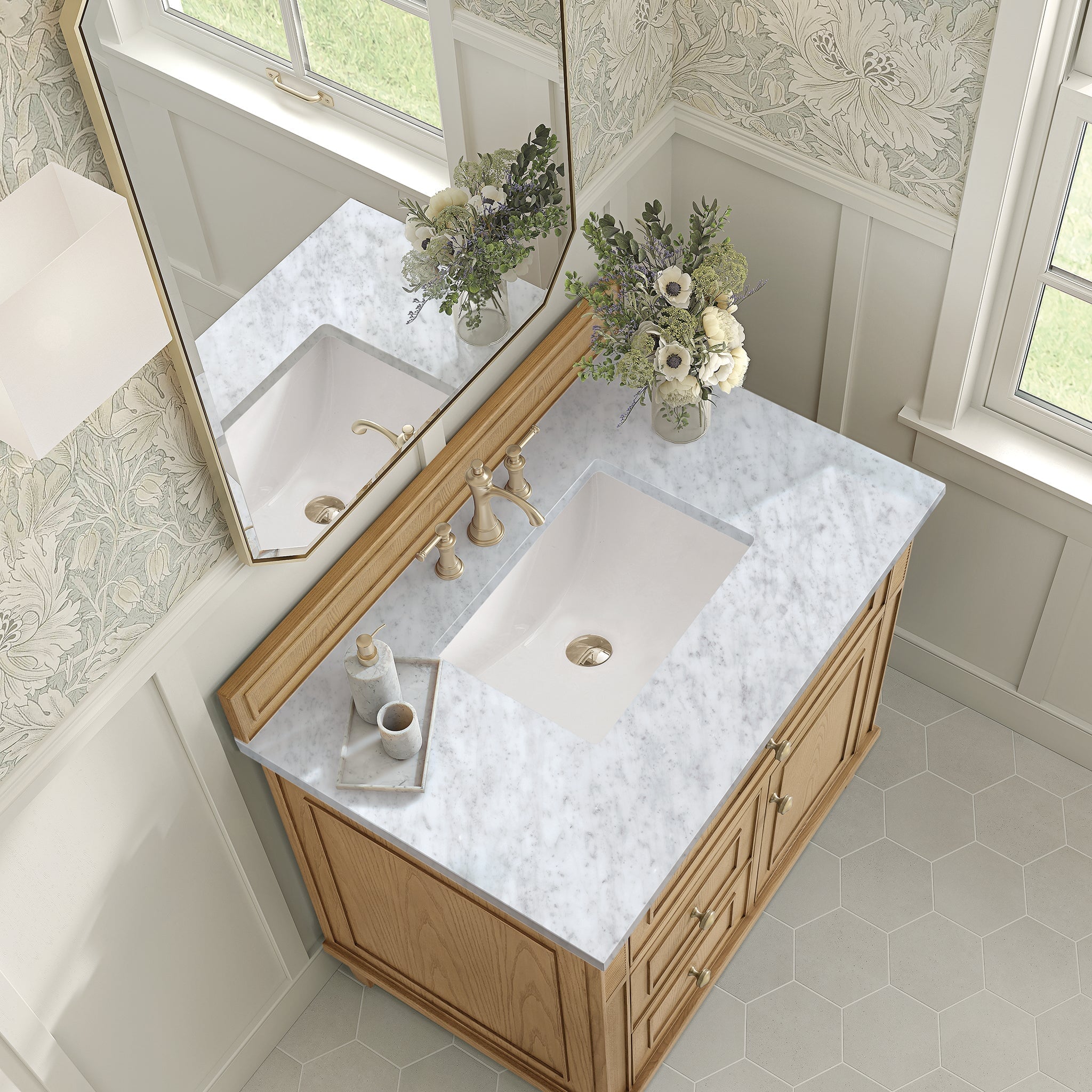 James Martin Lorelai 36" Single Bathroom Vanity, Light Natural Oak with Carrara White countertop