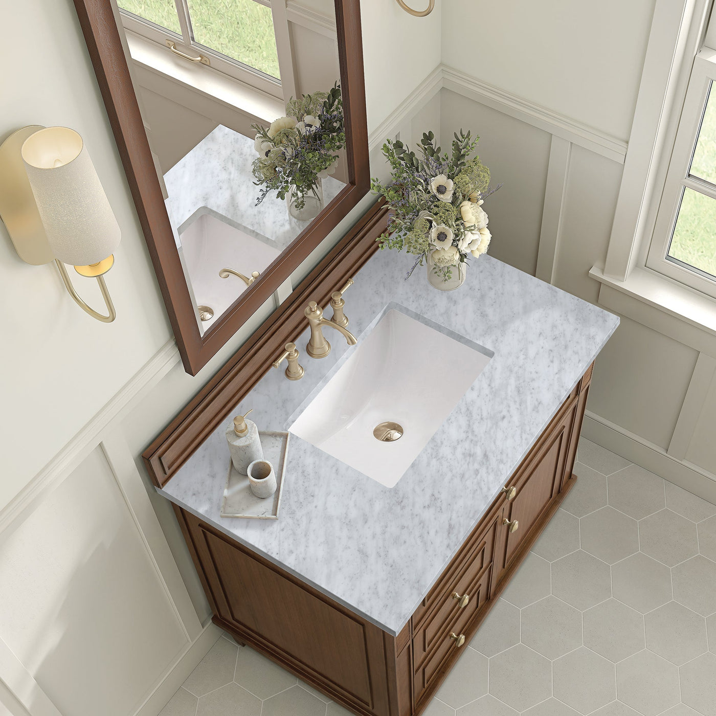 James Martin Lorelai 36" Single Bathroom Vanity, Mid-Century Walnut with Carrara White countertop
