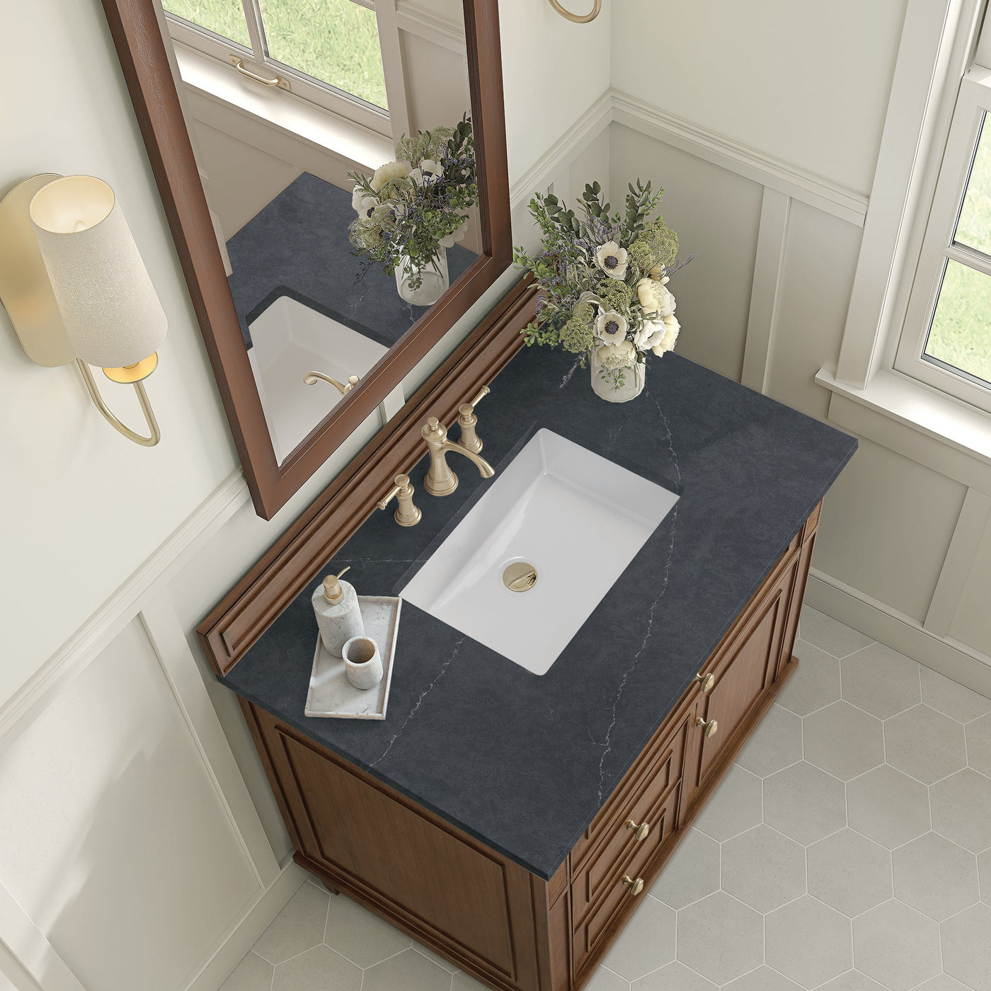 James Martin Lorelai 36" Single Bathroom Vanity, Mid-Century Walnut with Charcoal Soapstone countertop