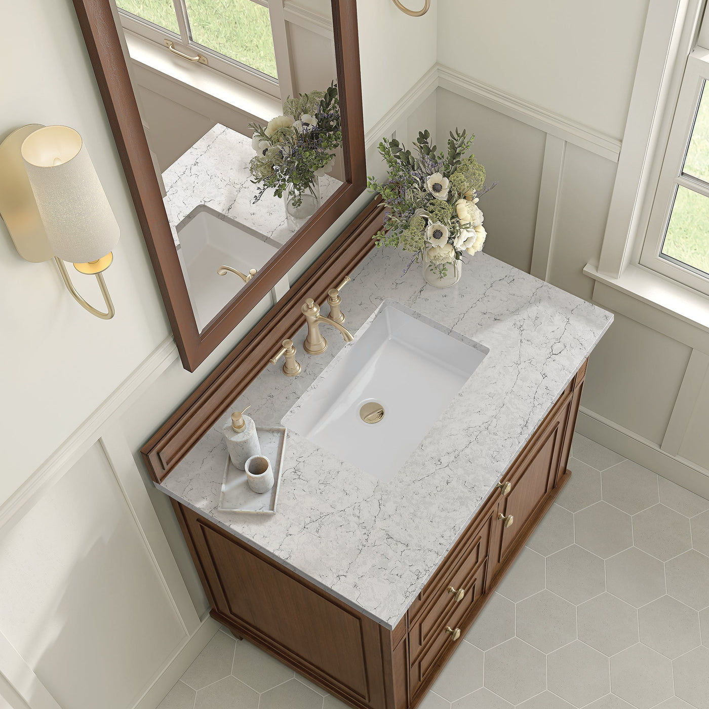 James Martin Lorelai 36" Single Bathroom Vanity, Mid-Century Walnut with Eternal Jasmine Pearl countertop