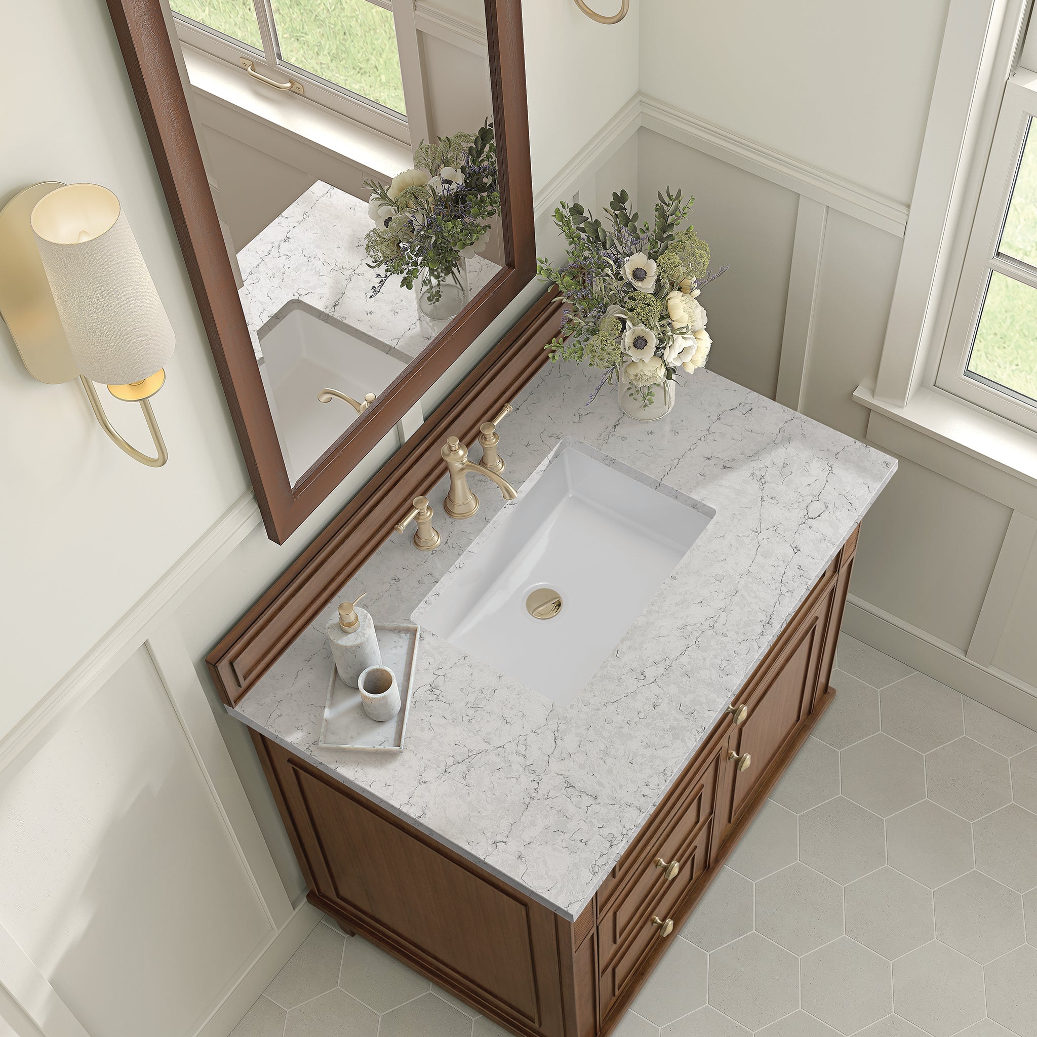 James Martin Lorelai 36" Single Bathroom Vanity, Mid-Century Walnut with Eternal Jasmine Pearl countertop