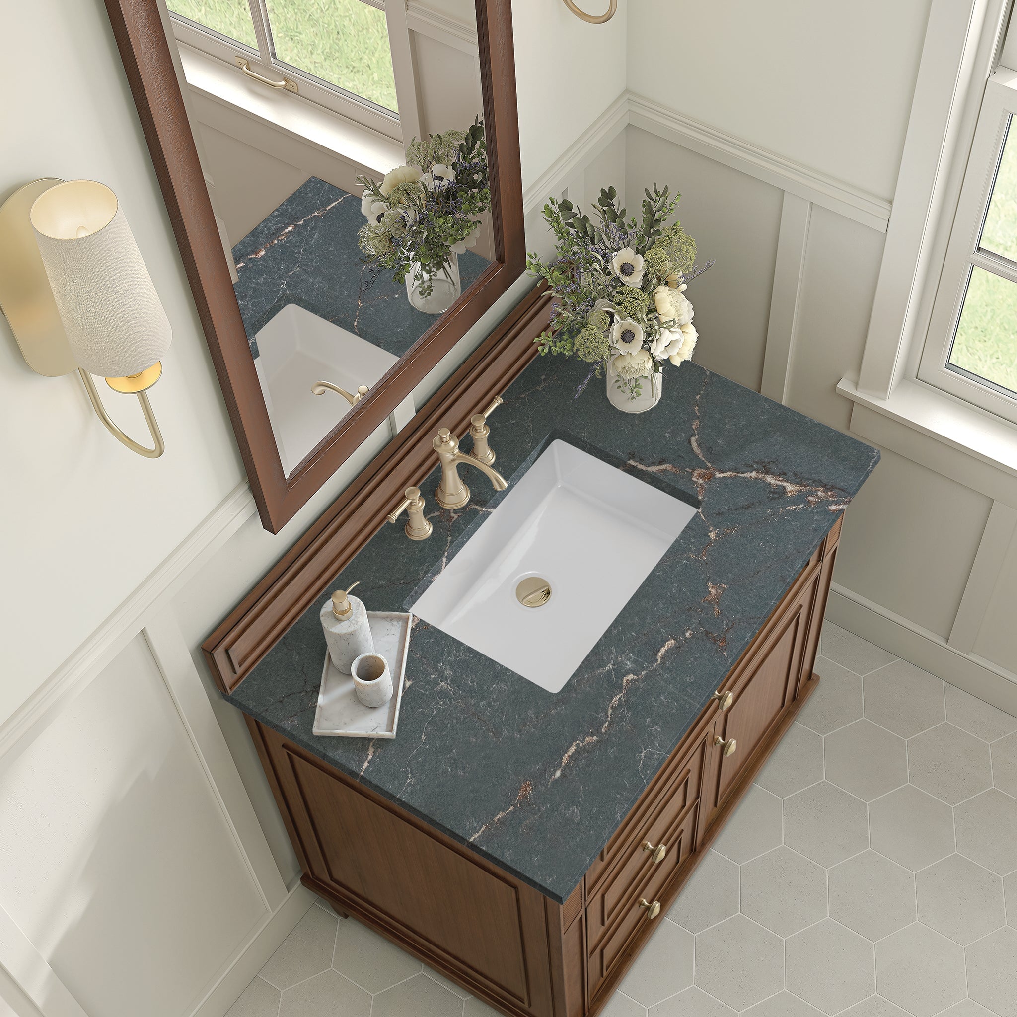 James Martin Lorelai 36" Single Bathroom Vanity, Mid-Century Walnut with Parisien Bleu countertop