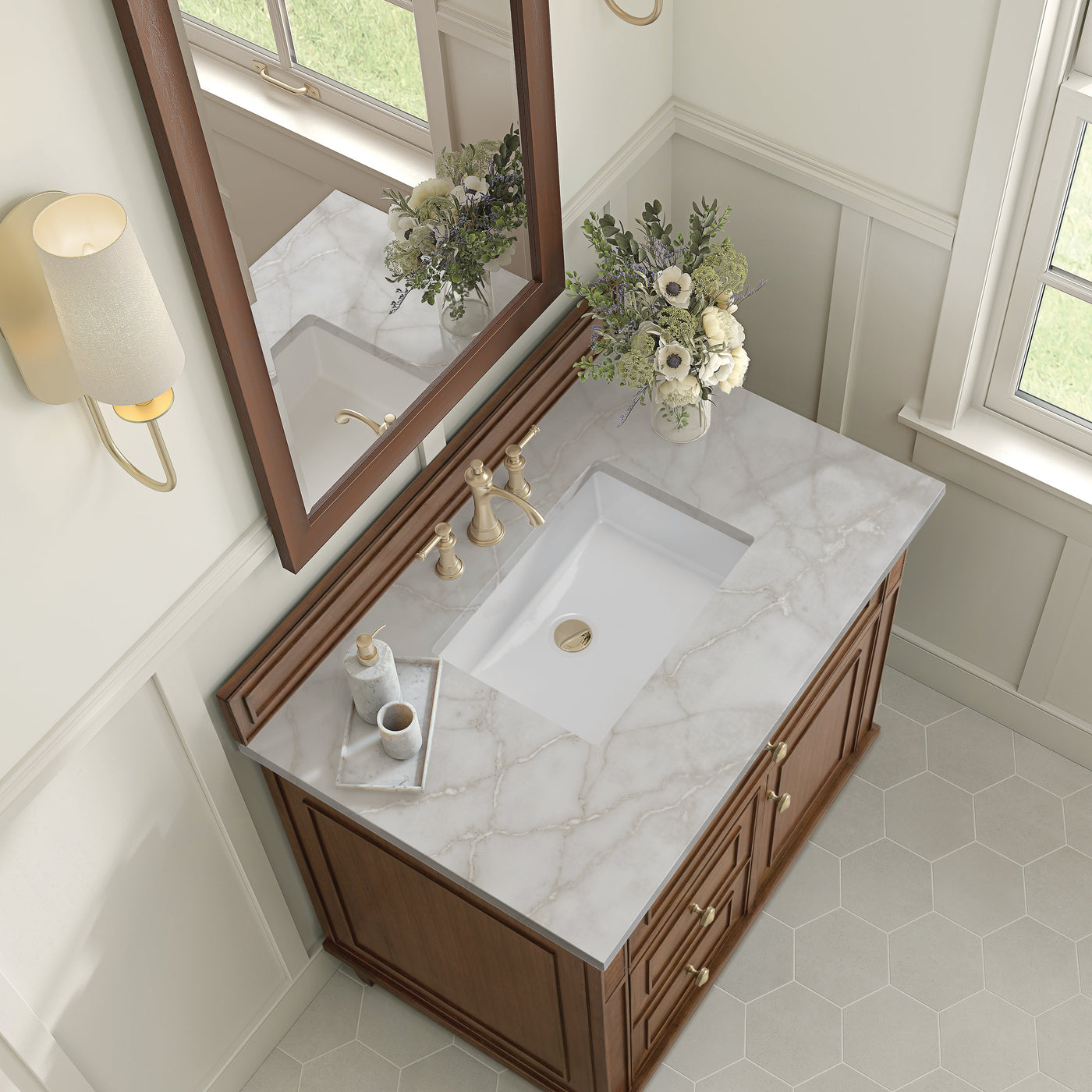 James Martin Lorelai 36" Single Bathroom Vanity, Mid-Century Walnut with Victorian Silver countertop