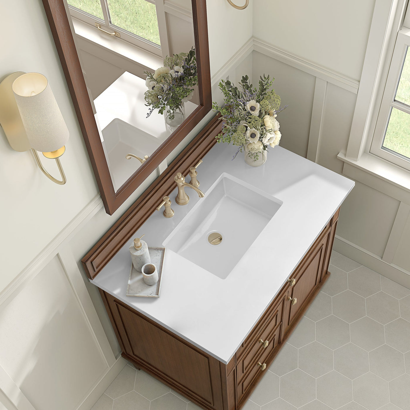 James Martin Lorelai 36" Single Bathroom Vanity, Mid-Century Walnut with White Zeus countertop