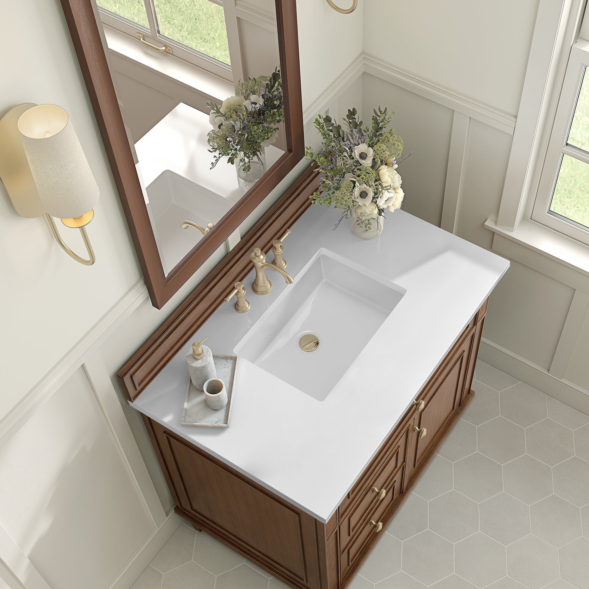 James Martin Lorelai 36" Single Bathroom Vanity, Mid-Century Walnut with White Zeus countertop