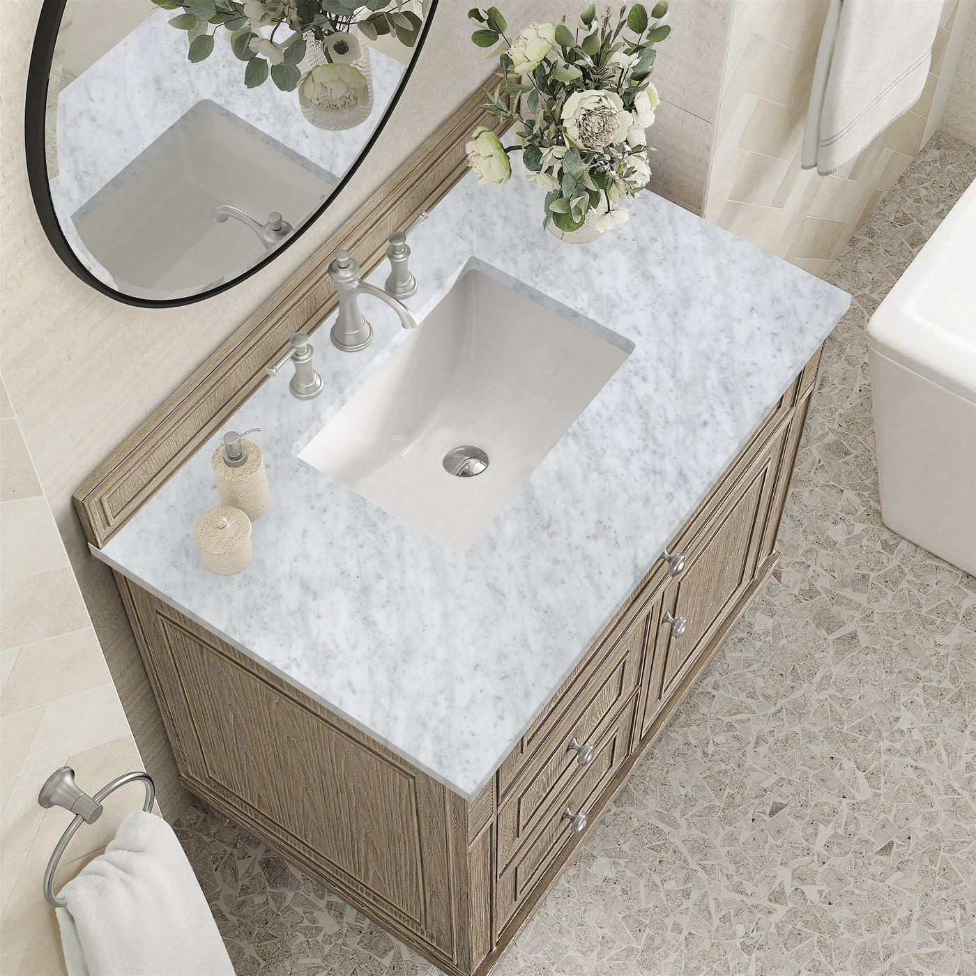James Martin Lorelai 36" Single Bathroom Vanity, Whitewashed Oak with Carrara White countertop