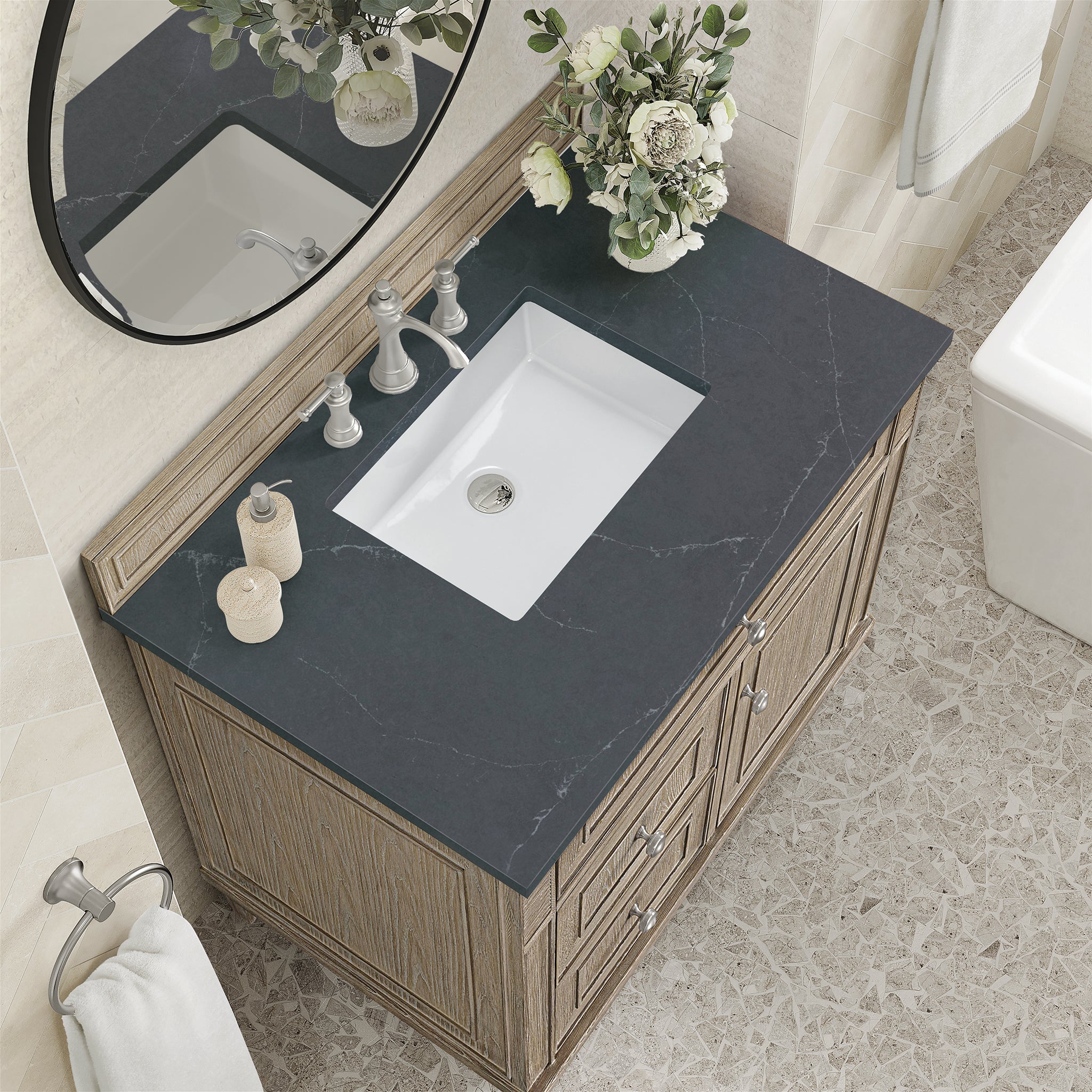 James Martin Lorelai 36" Single Bathroom Vanity, Whitewashed Oak with Charcoal Soapstone countertop