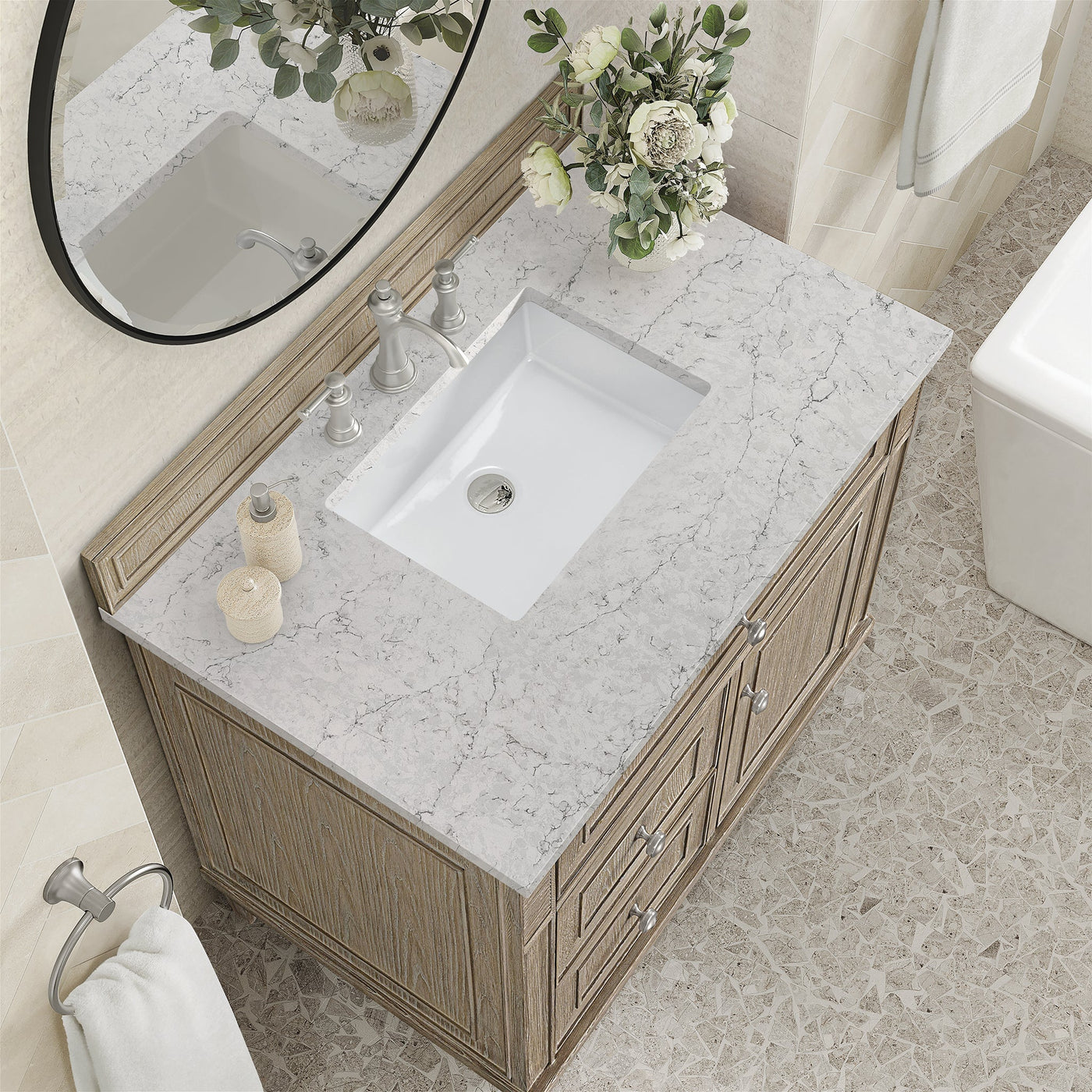 James Martin Lorelai 36" Single Bathroom Vanity, Whitewashed Oak with Eternal Jasmine Pearl countertop