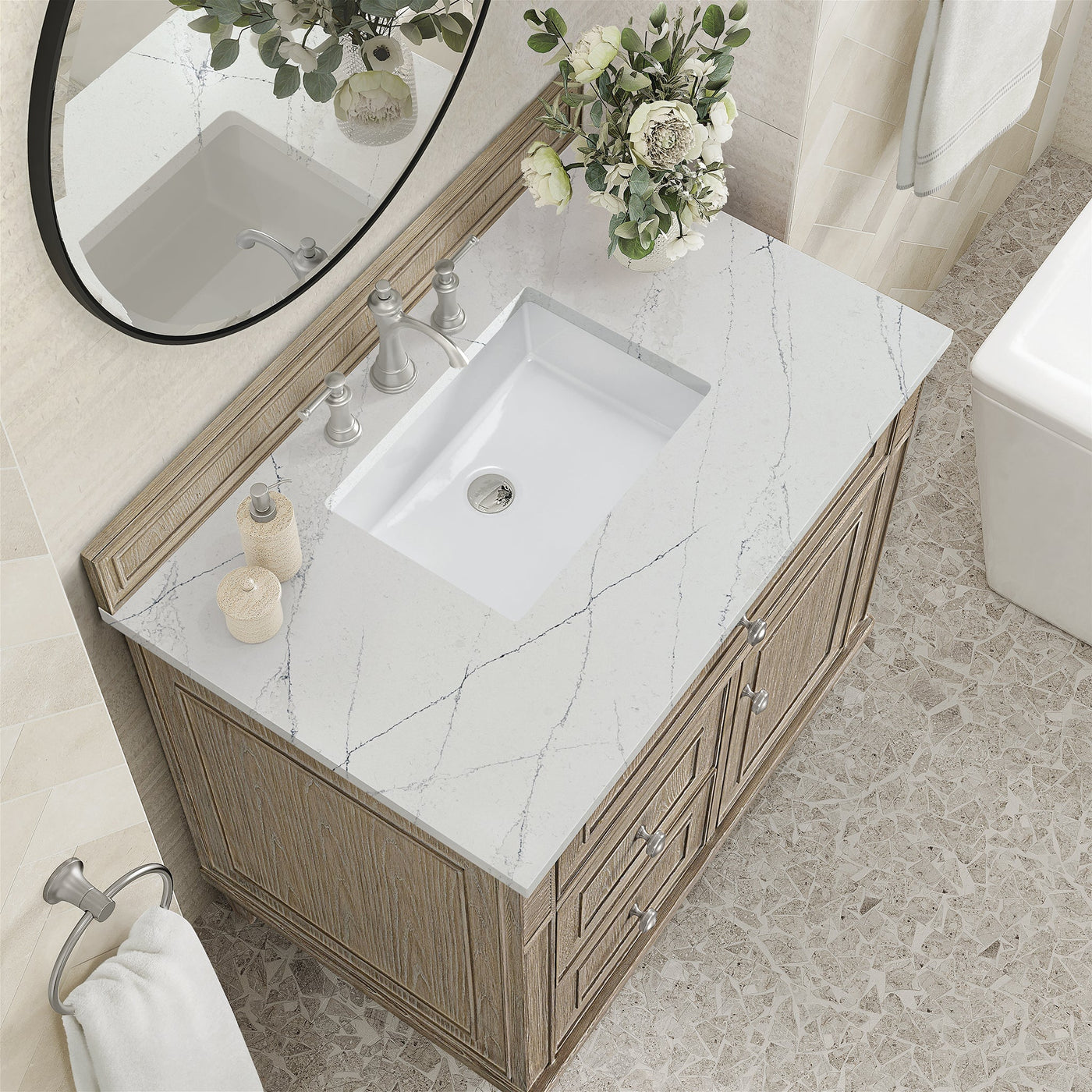 James Martin Lorelai 36" Single Bathroom Vanity, Whitewashed Oak with Ethereal Noctis countertop