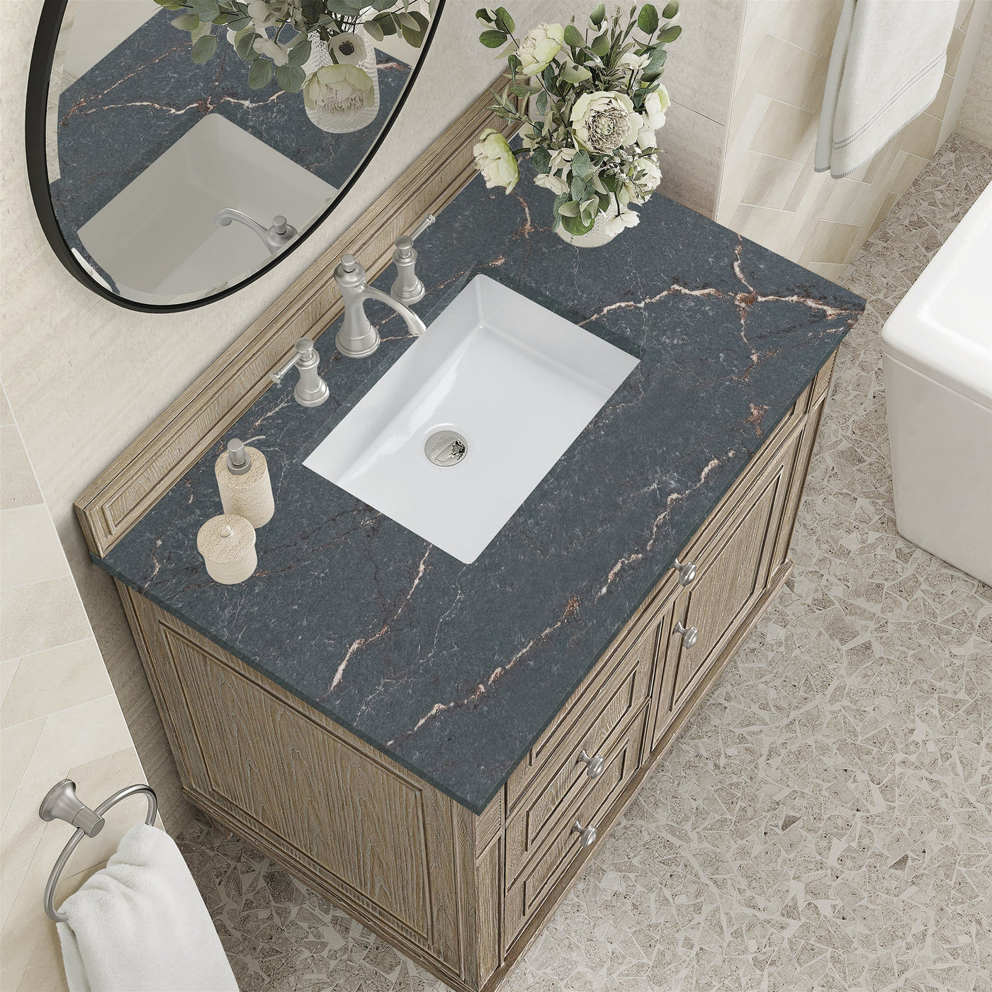 James Martin Lorelai 36" Single Bathroom Vanity, Whitewashed Oak with Parisien Bleu countertop