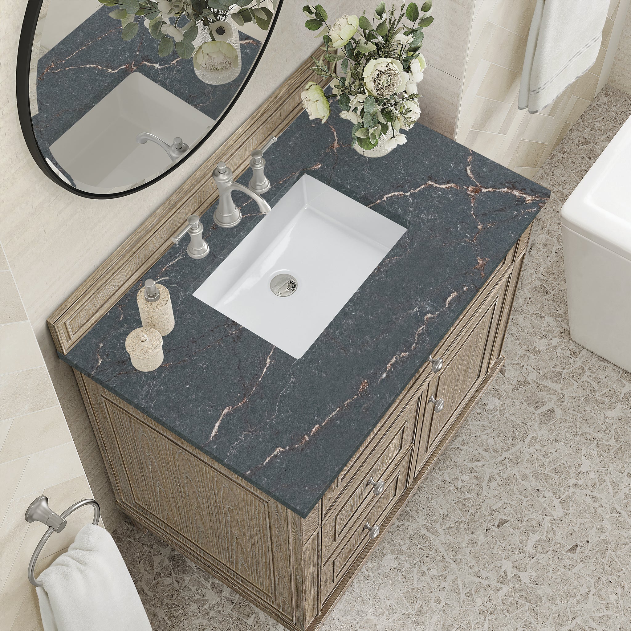 James Martin Lorelai 36" Single Bathroom Vanity, Whitewashed Oak with Parisien Bleu countertop