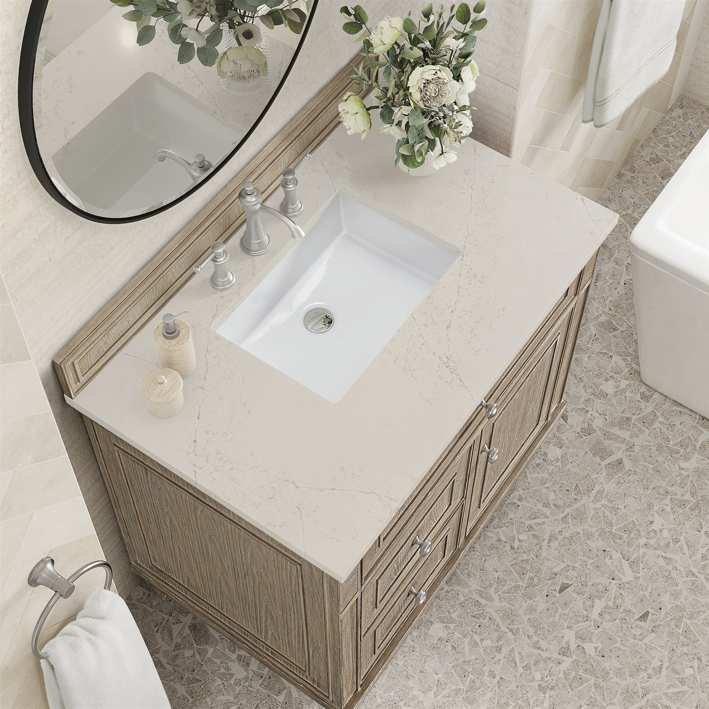 James Martin Lorelai 36" Single Bathroom Vanity, Whitewashed Oak with Siberian countertop