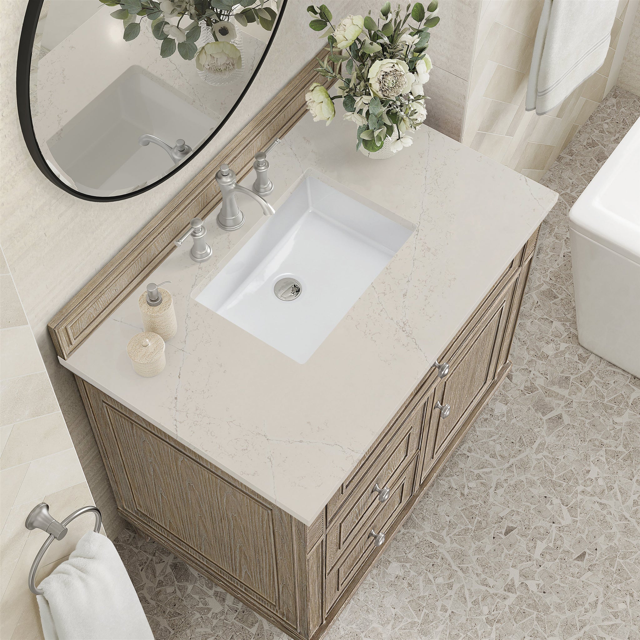 James Martin Lorelai 36" Single Bathroom Vanity, Whitewashed Oak with Siberian countertop