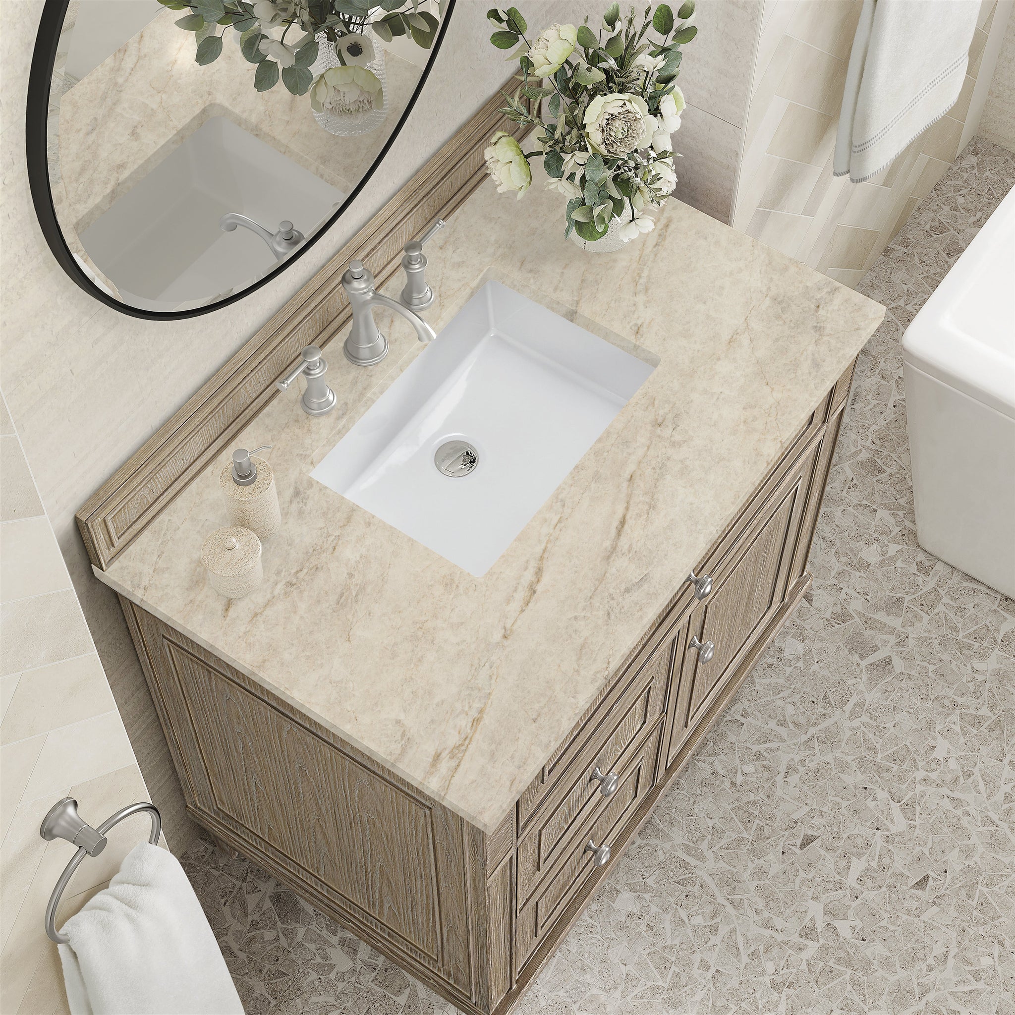 James Martin Lorelai 36" Single Bathroom Vanity, Whitewashed Oak with Tajnar countertop