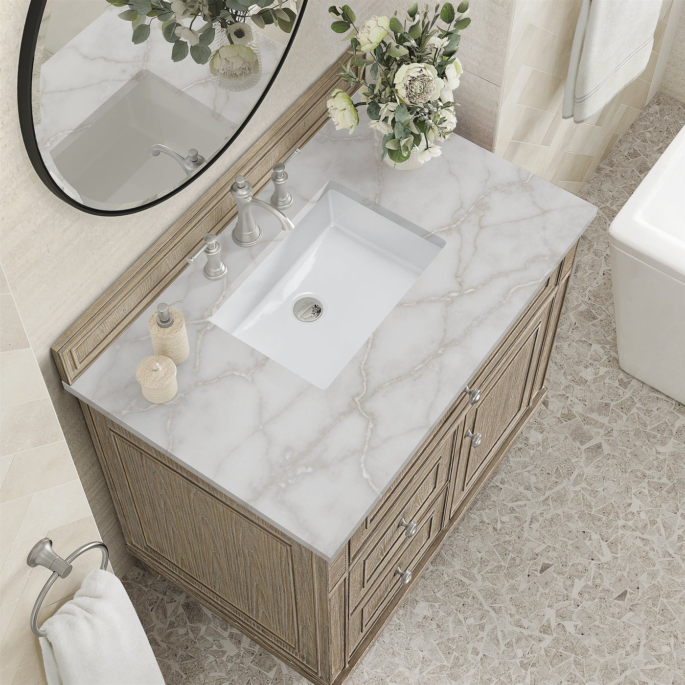 James Martin Lorelai 36" Single Bathroom Vanity, Whitewashed Oak with Victorian Silver countertop