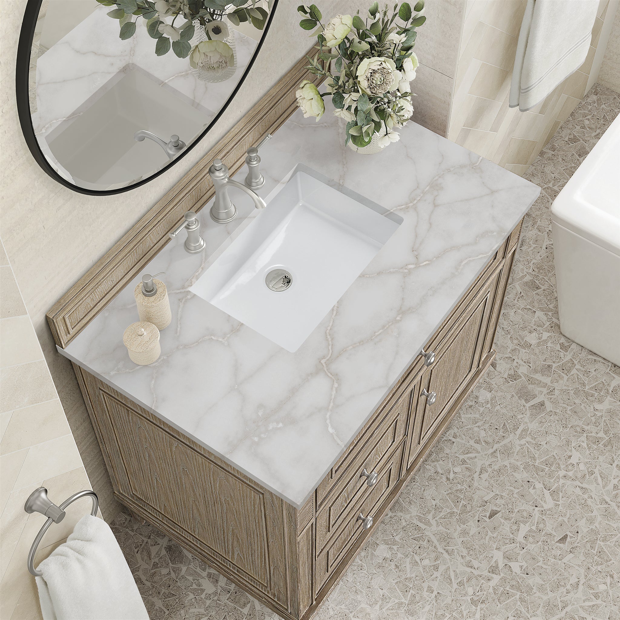 James Martin Lorelai 36" Single Bathroom Vanity, Whitewashed Oak with Victorian Silver countertop