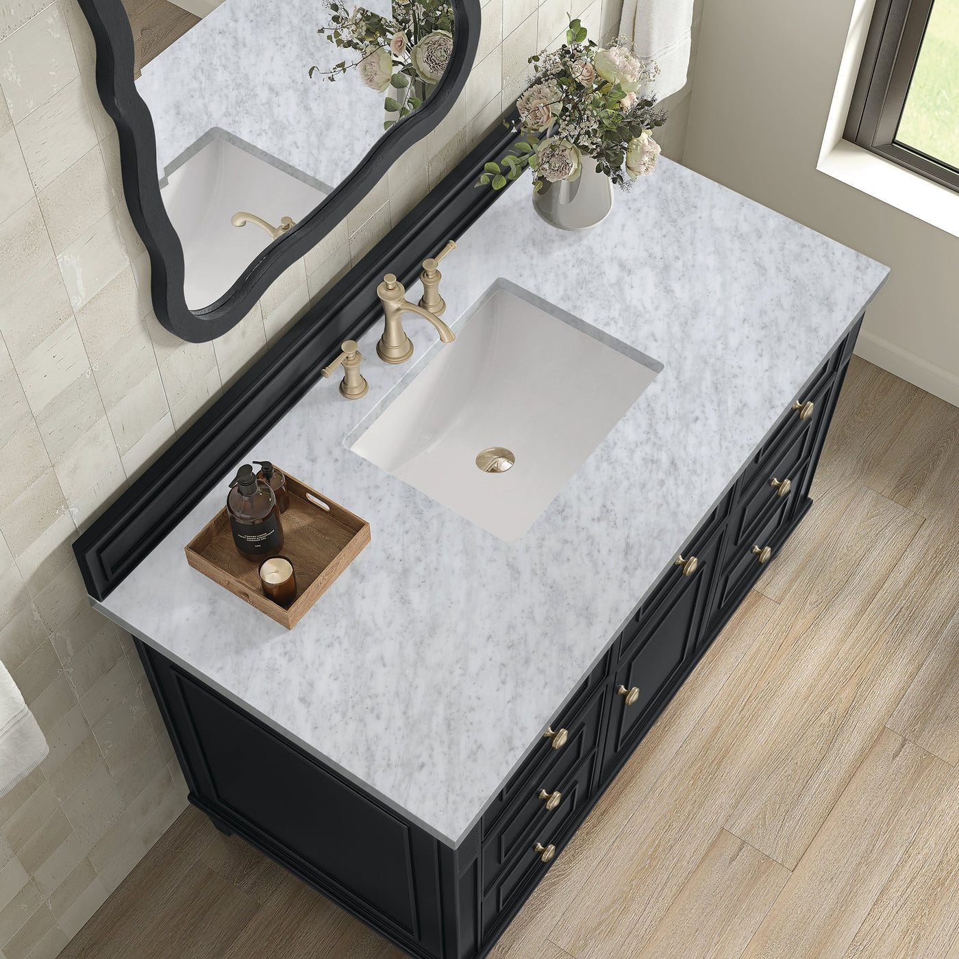 James Martin Lorelai 48" Single Bathroom Vanity, Black Onyx with Carrara White countertop