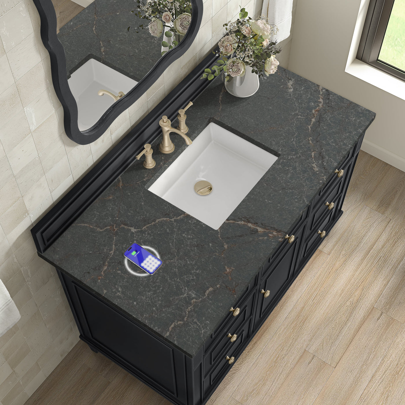 James Martin Lorelai 48" Single Bathroom Vanity, Black Onyx with Parisien Bleu (FreePower) countertop