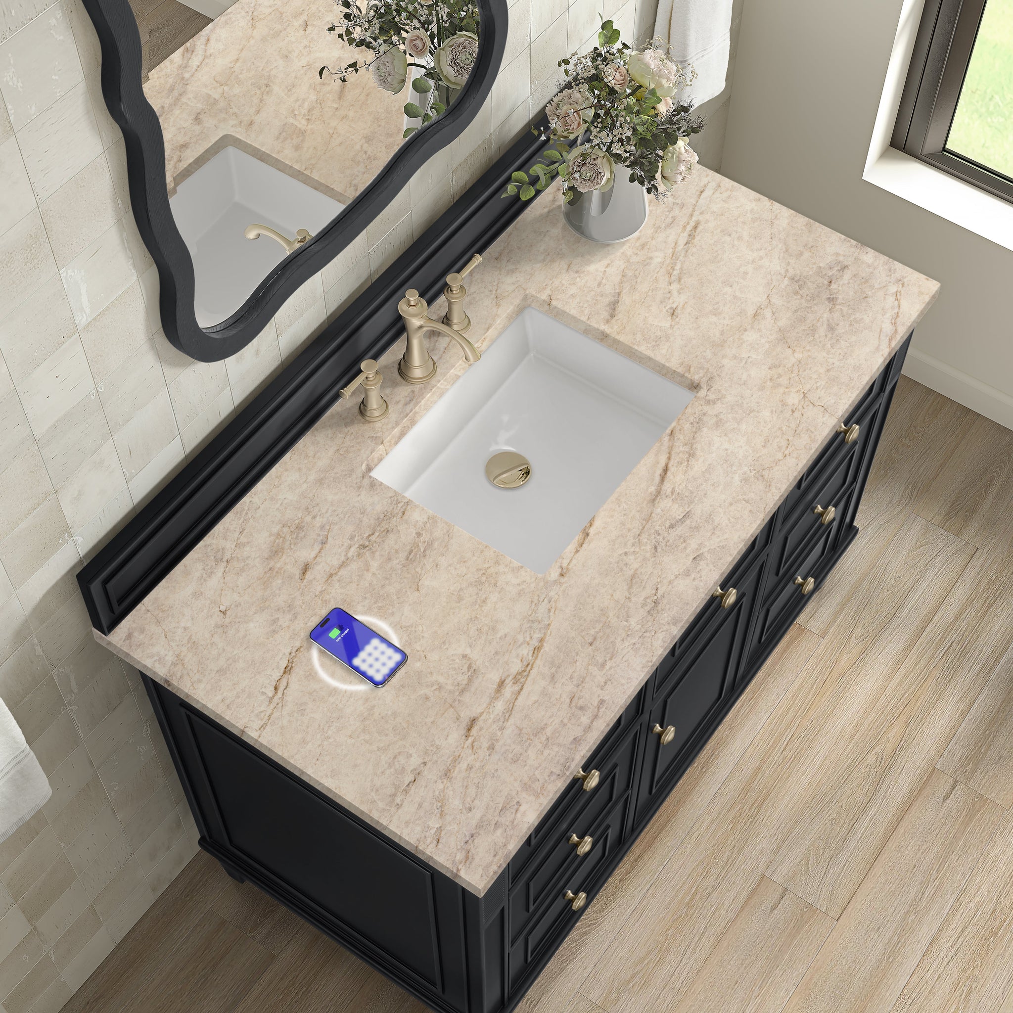James Martin Lorelai 48" Single Bathroom Vanity, Black Onyx with Tajnar (FreePower) countertop