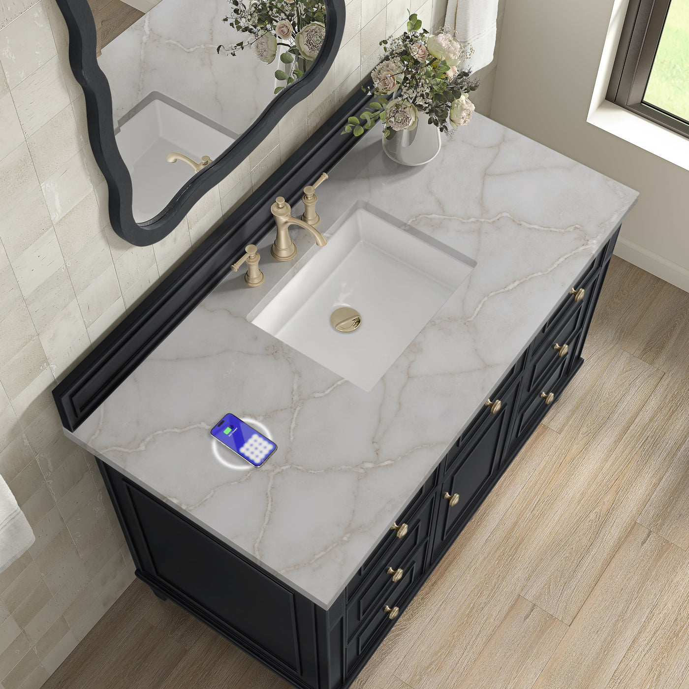 James Martin Lorelai 48" Single Bathroom Vanity, Black Onyx with Victorian Silver (FreePower) countertop
