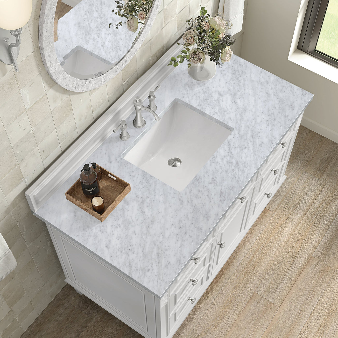 James Martin Lorelai 48" Single Bathroom Vanity, Bright White with Carrara White countertop