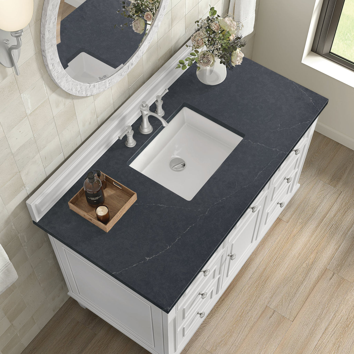 James Martin Lorelai 48" Single Bathroom Vanity, Bright White with Charcoal Soapstone countertop