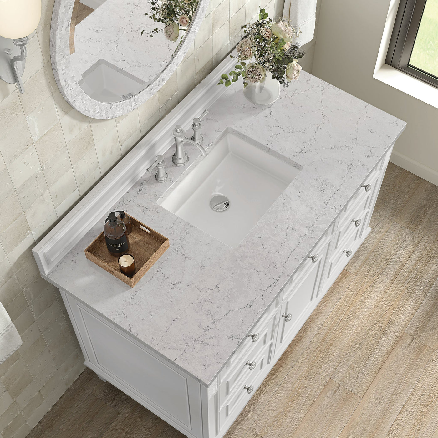 James Martin Lorelai 48" Single Bathroom Vanity, Bright White with Eternal Jasmine Pearl countertop