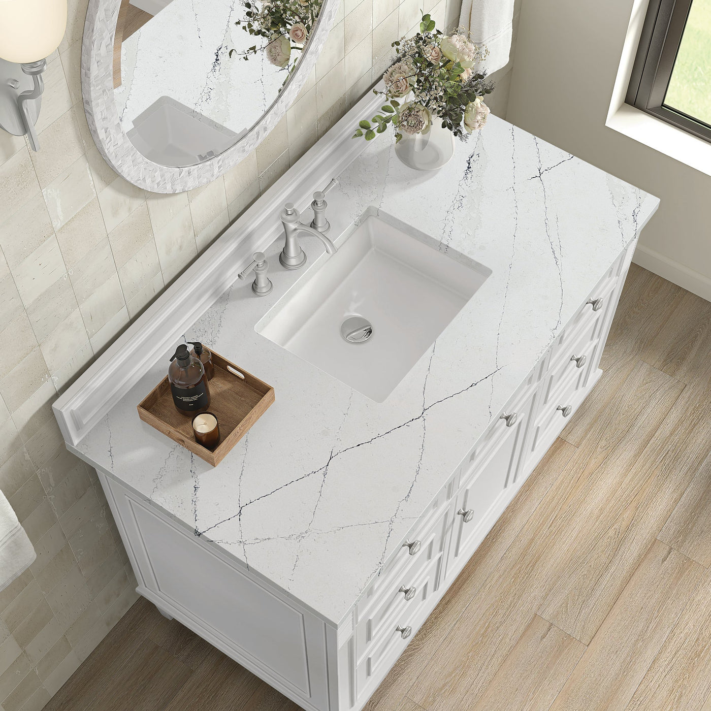 James Martin Lorelai 48" Single Bathroom Vanity, Bright White with Ethereal Noctis countertop