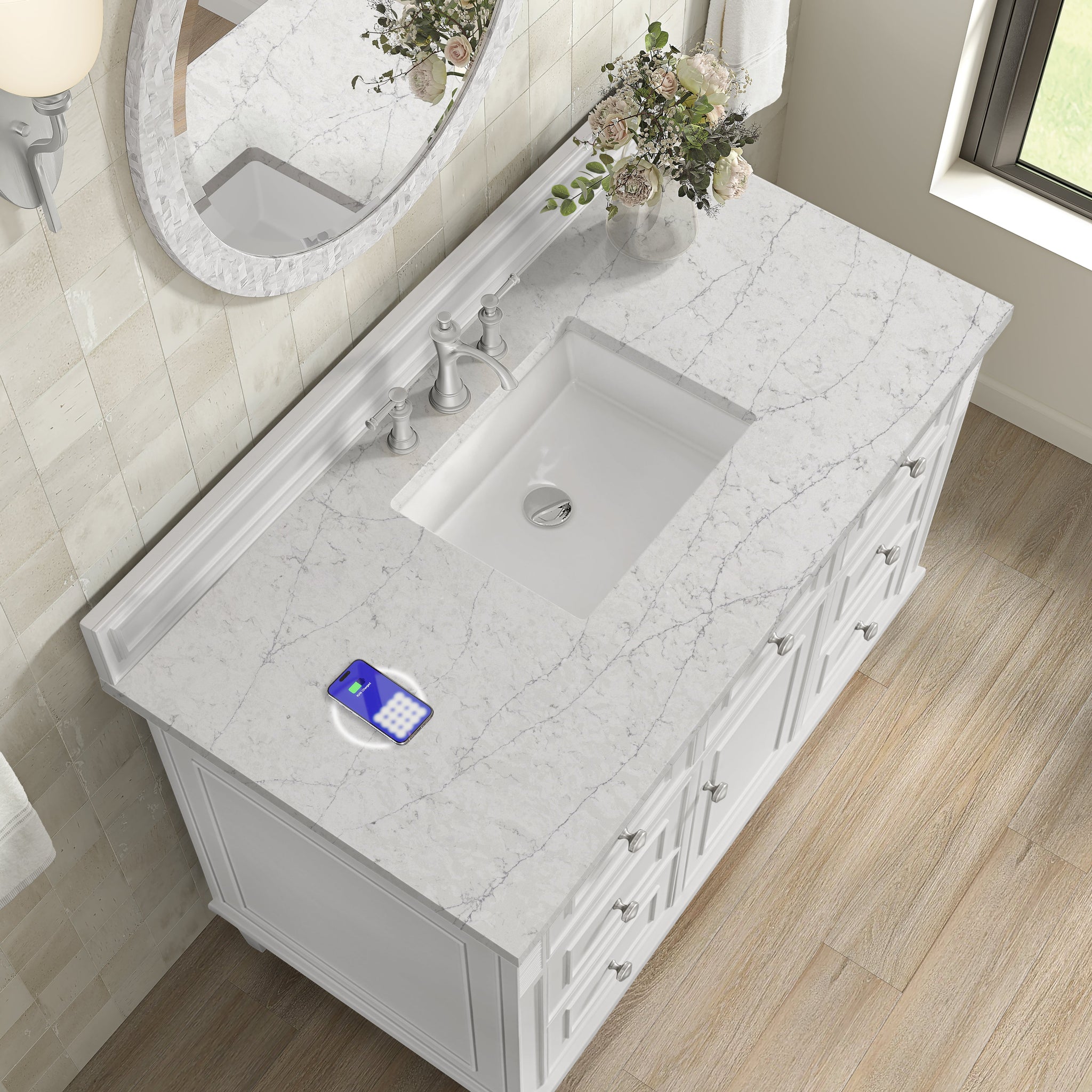 James Martin Lorelai 48" Single Bathroom Vanity, Bright White with Eternal Jasmine Pearl (FreePower) countertop