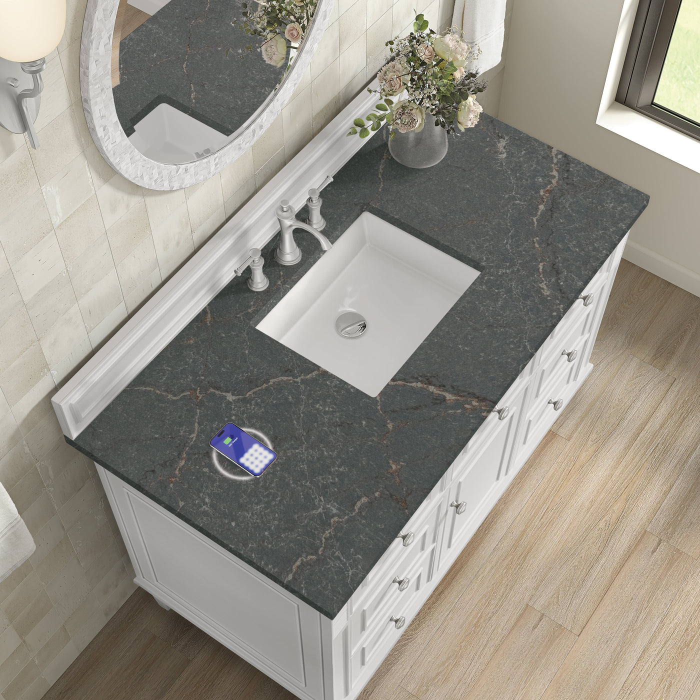 James Martin Lorelai 48" Single Bathroom Vanity, Bright White with Parisien Bleu (FreePower) countertop