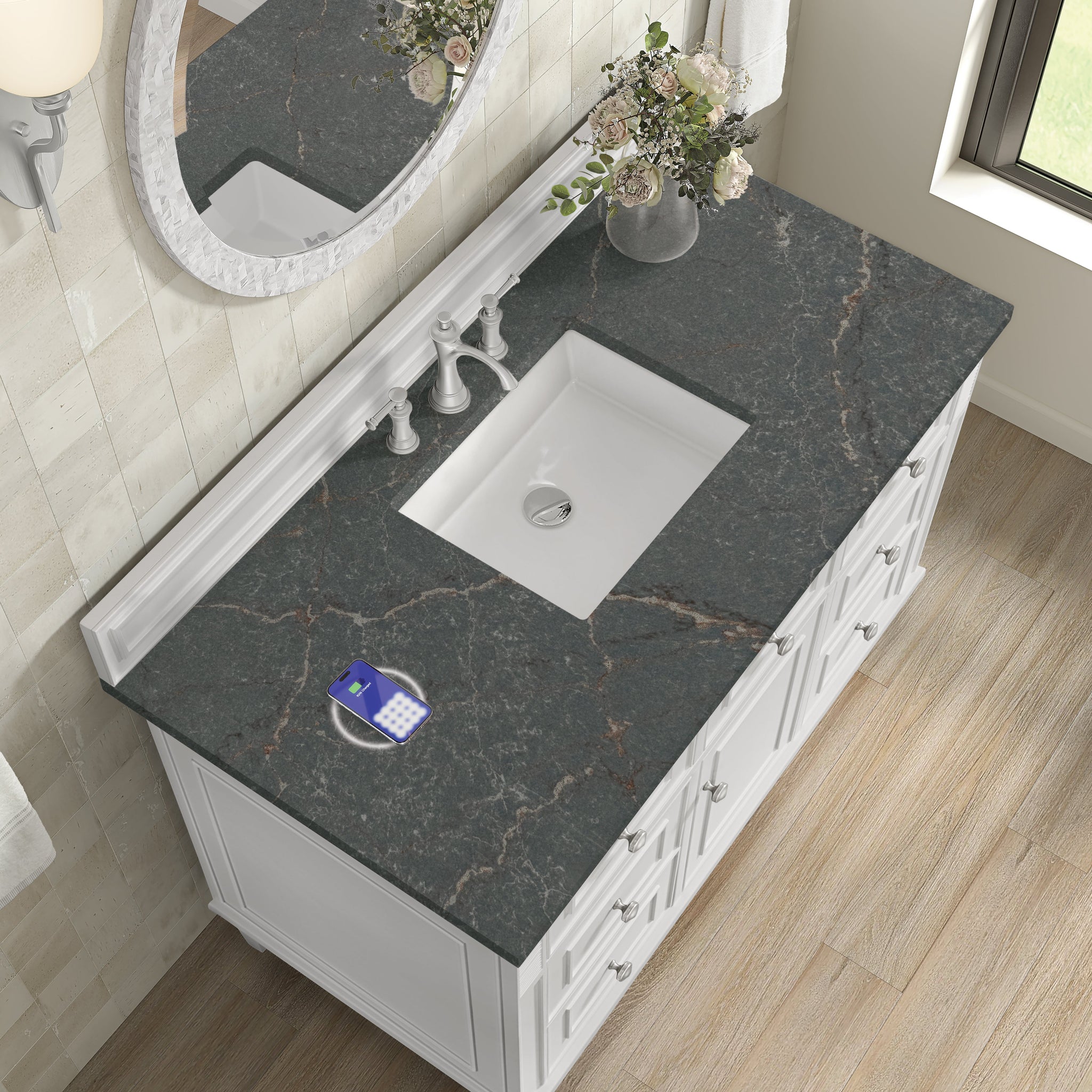 James Martin Lorelai 48" Single Bathroom Vanity, Bright White with Parisien Bleu (FreePower) countertop