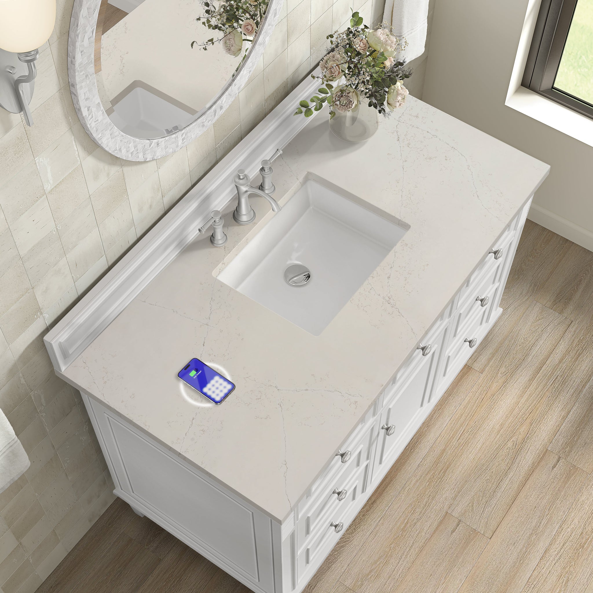 James Martin Lorelai 48" Single Bathroom Vanity, Bright White with Siberian (FreePower) countertop