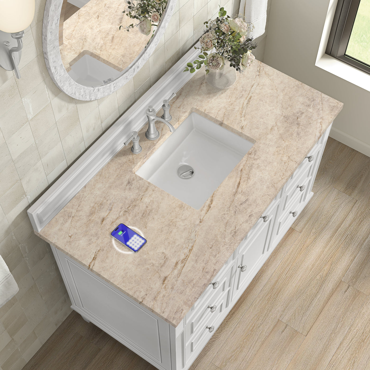 James Martin Lorelai 48" Single Bathroom Vanity, Bright White with Tajnar (FreePower) countertop