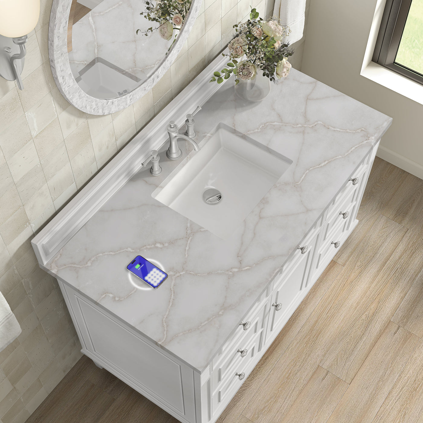 James Martin Lorelai 48" Single Bathroom Vanity, Bright White with Victorian Silver (FreePower) countertop
