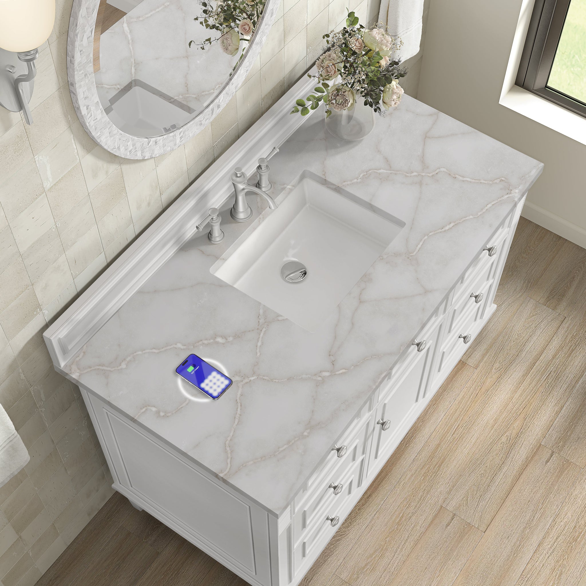 James Martin Lorelai 48" Single Bathroom Vanity, Bright White with Victorian Silver (FreePower) countertop