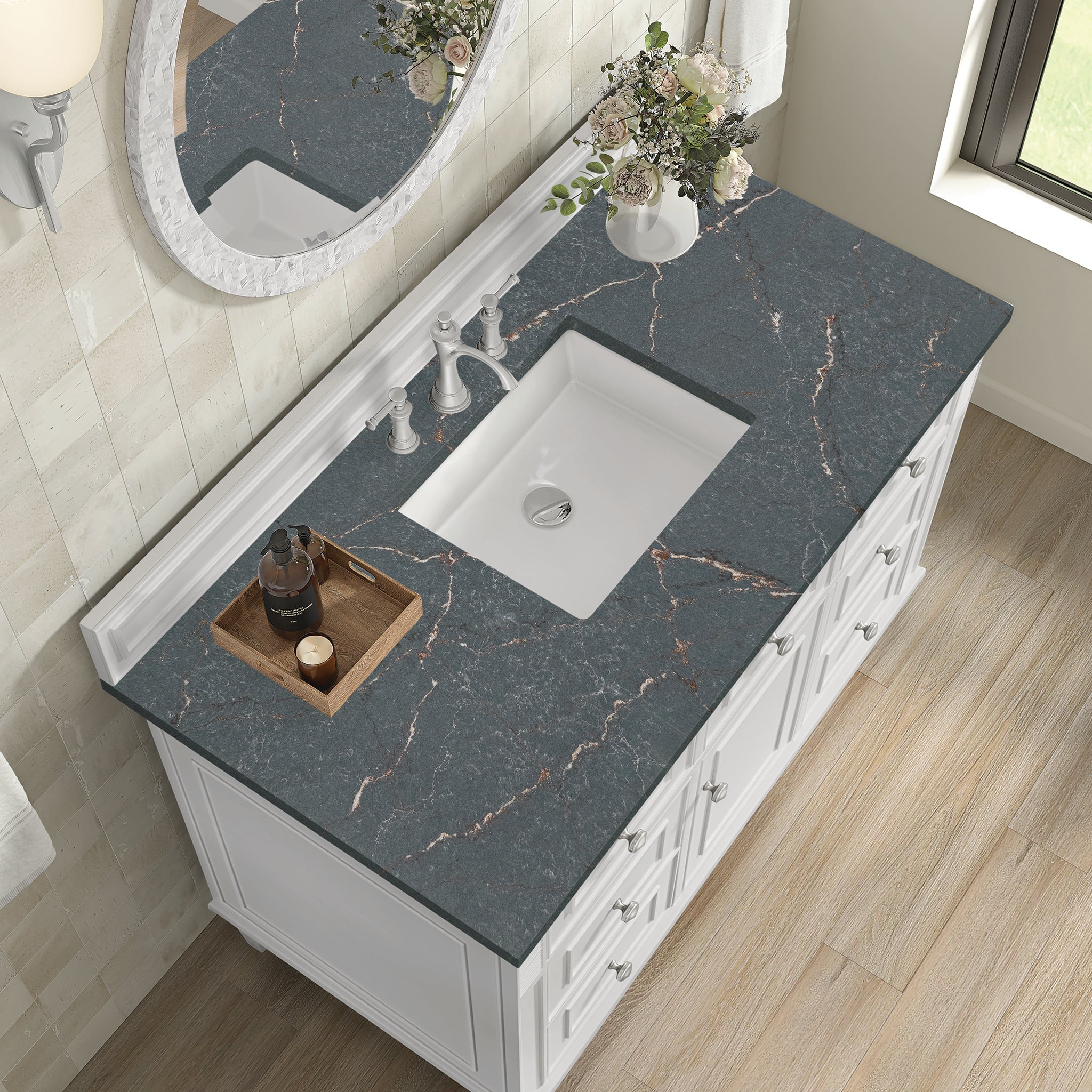 James Martin Lorelai 48" Single Bathroom Vanity, Bright White with Parisien Bleu countertop