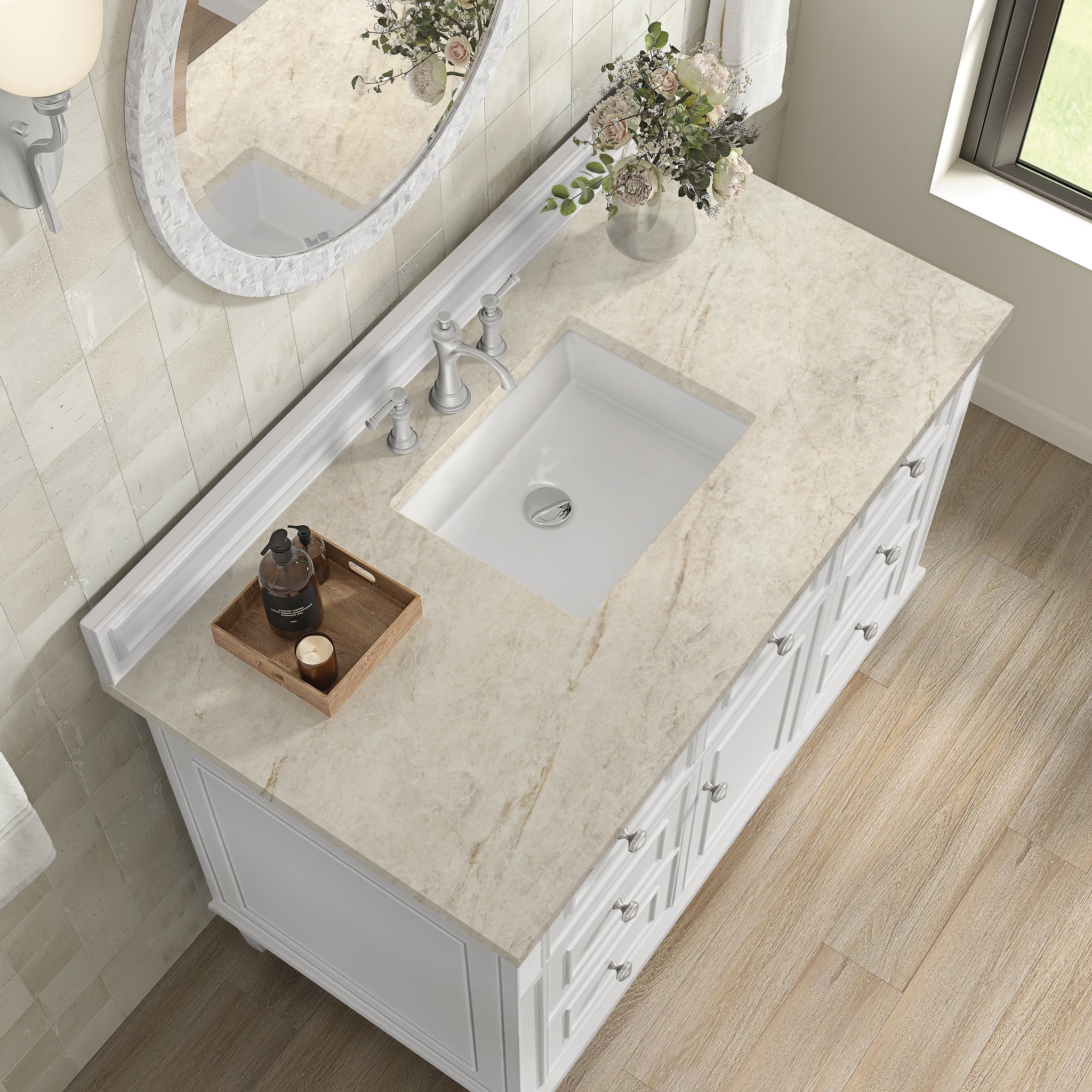 James Martin Lorelai 48" Single Bathroom Vanity, Bright White with Tajnar countertop