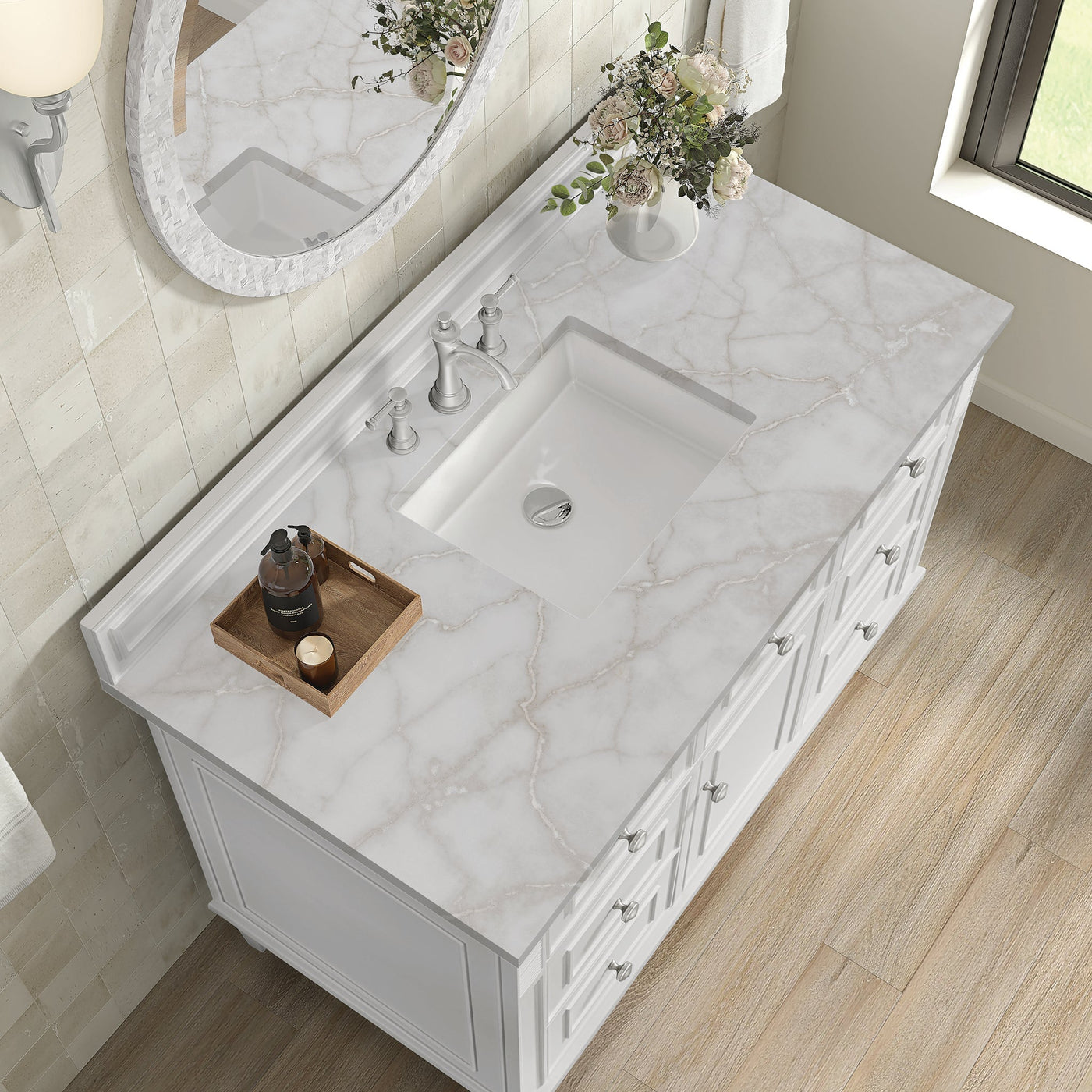 James Martin Lorelai 48" Single Bathroom Vanity, Bright White with Victorian Silver countertop