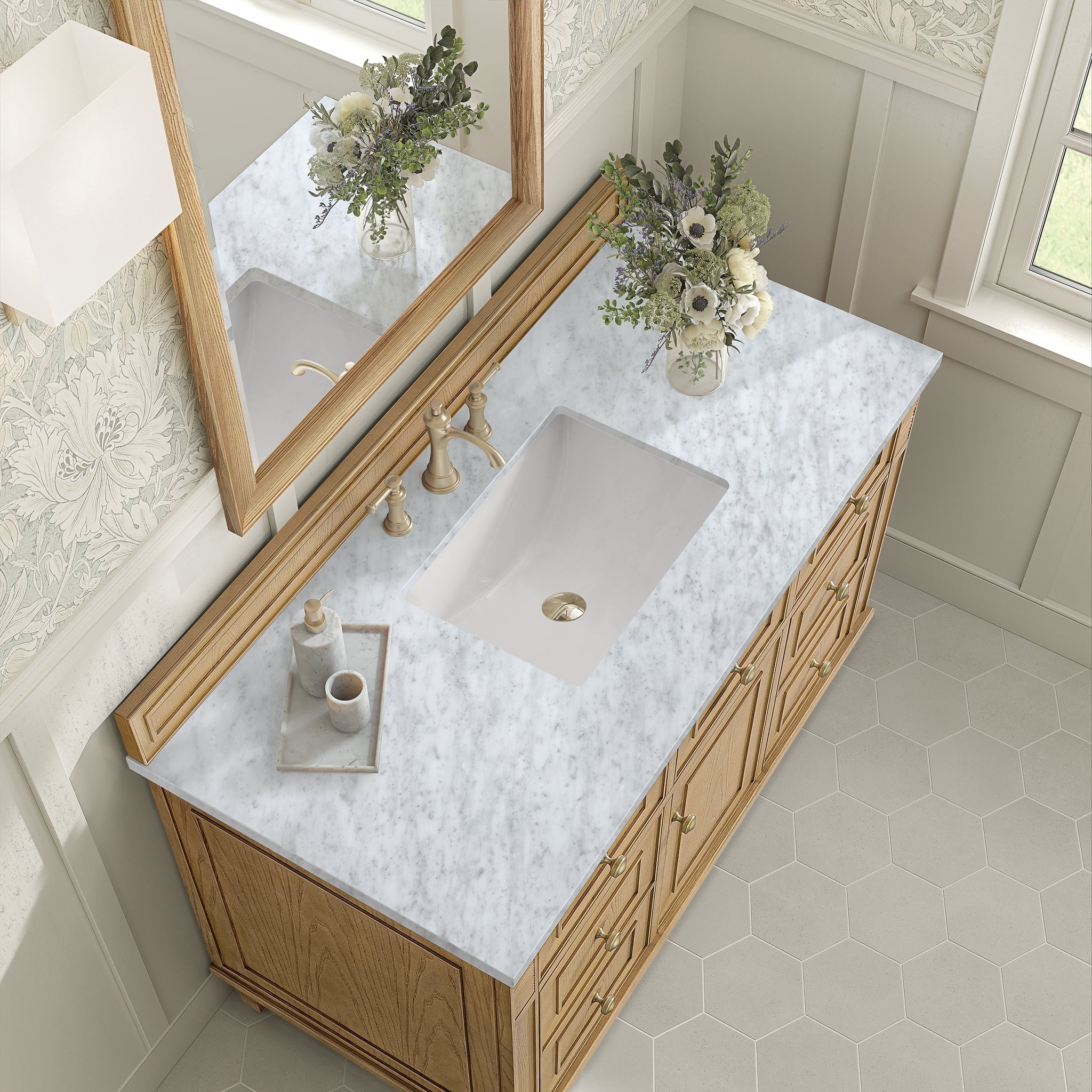 James Martin Lorelai 48" Single Bathroom Vanity, Light Natural Oak with Carrara White countertop