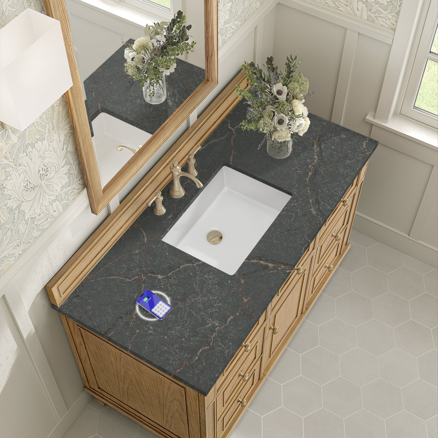 James Martin Lorelai 48" Single Bathroom Vanity, Light Natural Oak with Parisien Bleu (FreePower) countertop