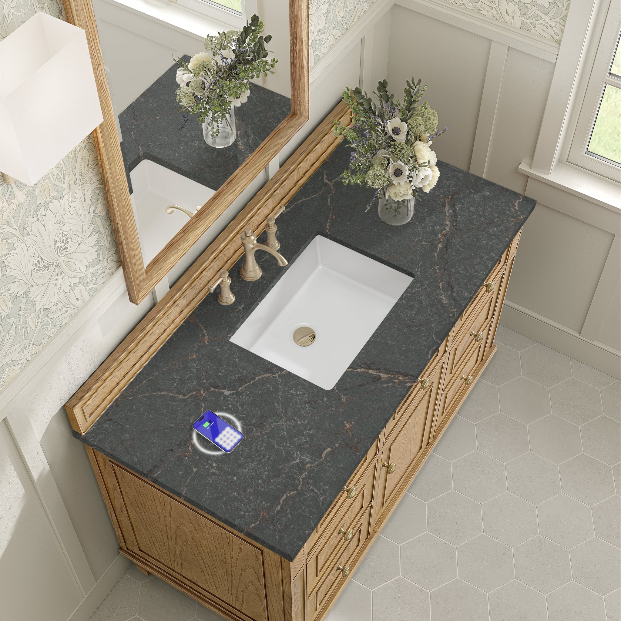 James Martin Lorelai 48" Single Bathroom Vanity, Light Natural Oak with Parisien Bleu (FreePower) countertop